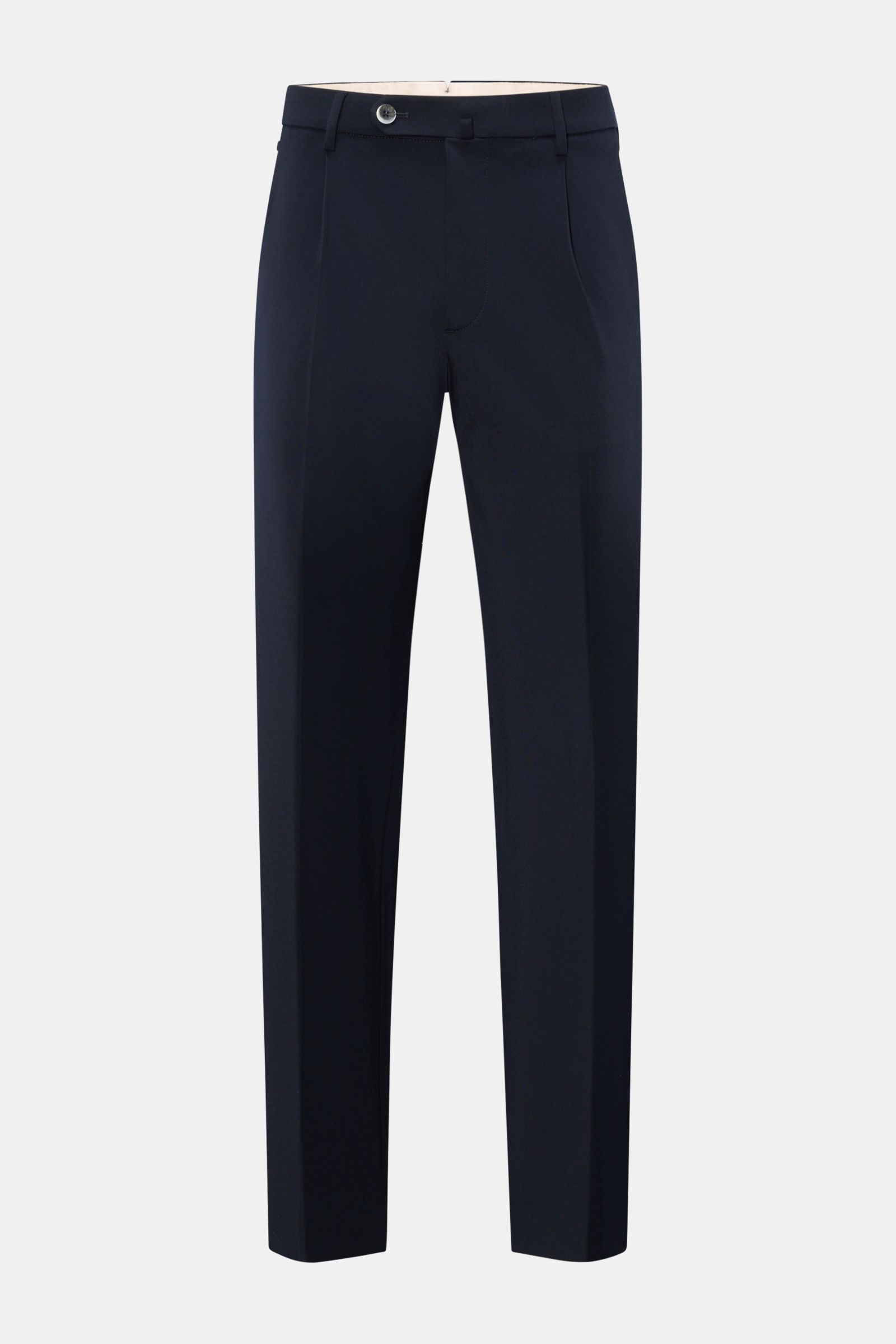Front view of GTA Jersey trousers 'Federico' navy, showcasing elasticated waistband with button and zip, single pleat, French and jetted back pockets, regular fit, slightly tapered cut, made from soft jersey viscose and microfiber blend for casual office 