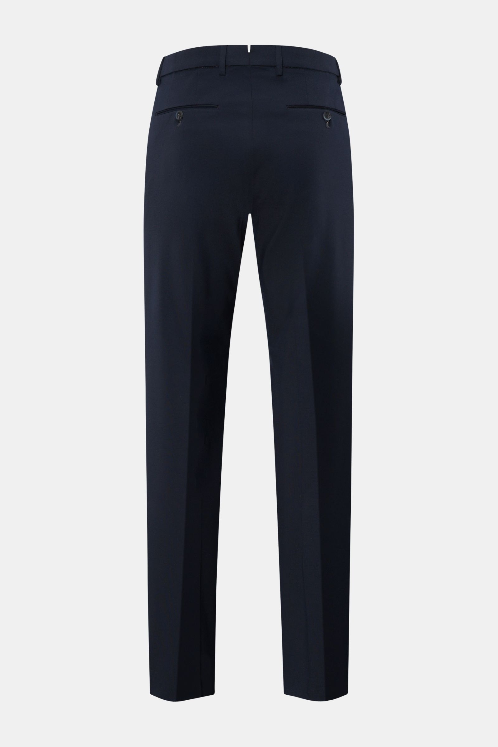 GTA Jersey trousers 'Federico' navy shown from the back, made of jersey viscose and microfiber, elasticated waistband, soft feel, regular fit, slightly tapered cut, zip and waist button, single pleat, French pockets, jetted back pockets with button, open 