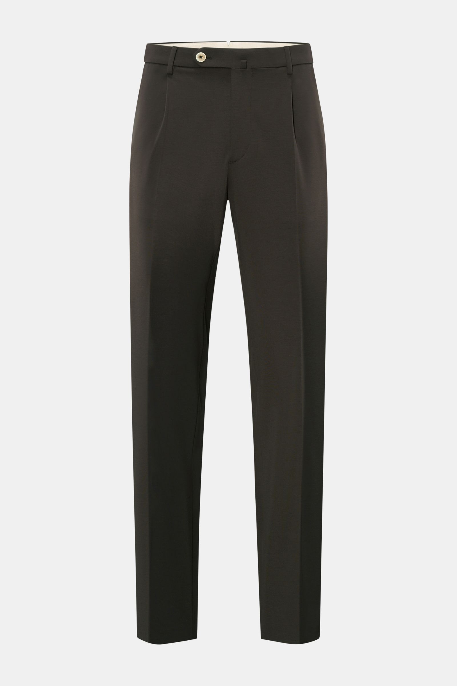 GTA Jersey trousers 'Federico' dark brown shown front view, regular fit with single pleat, elastic waistband, zip, button, French and jetted pockets. For casual office looks: The jersey trousers 'Federico' by GTA combine maximum comfort with timeless eleg