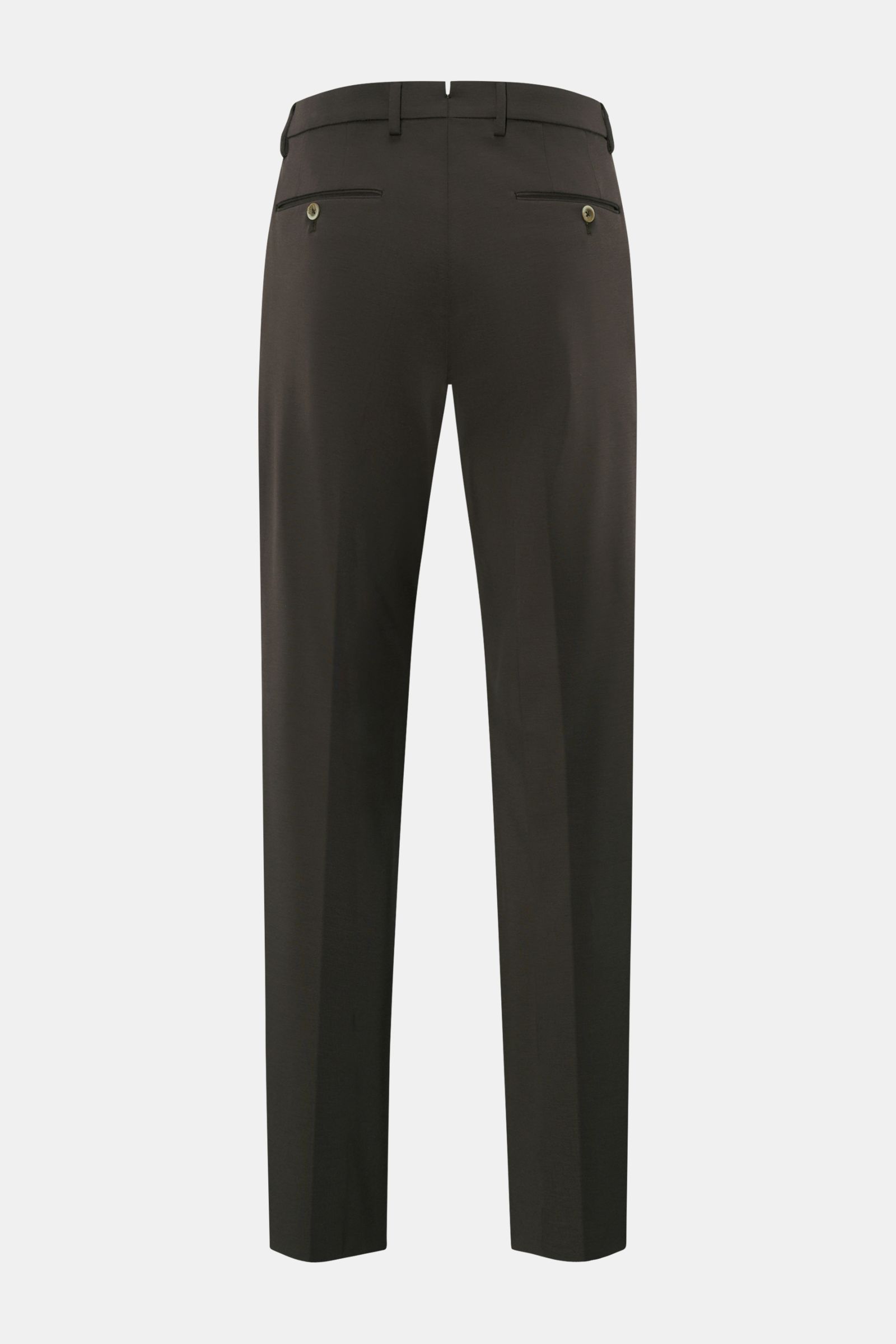 GTA Jersey trousers 'Federico' dark brown shown from the back, featuring a regular fit, single pleat, French and jetted back pockets with buttons, elastic waistband, zip and waist button closure, made of soft jersey viscose and microfiber material for cas
