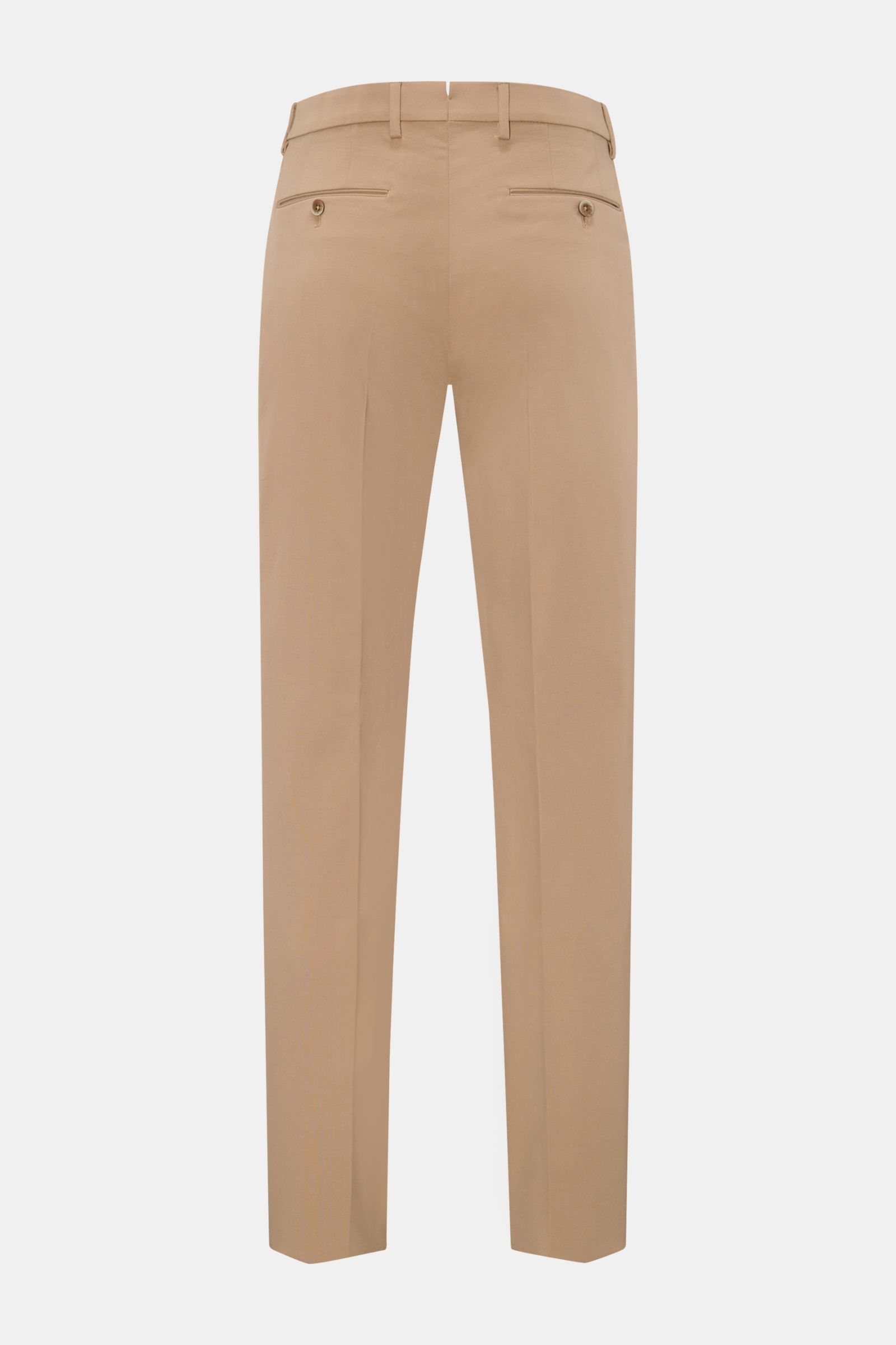 Rear view of GTA Jersey trousers 'Federico' beige in jersey viscose microfiber, elasticated, soft feel, regular fit, tapered cut, with single pleat, French and buttoned jetted back pockets. For casual office looks: The jersey trousers 'Federico' by GTA co