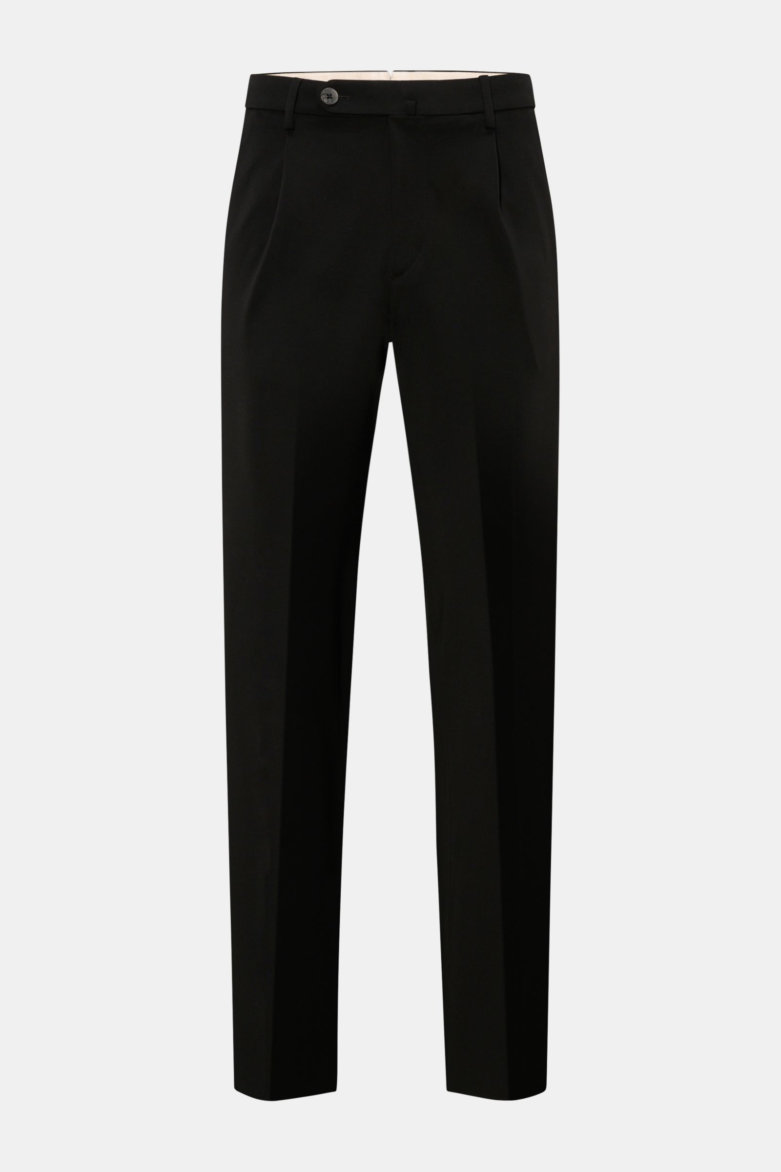 Front view of GTA Jersey trousers 'Federico' black, made of soft, elastic jersey with single pleat, zip, button, French and jetted back pockets. For casual office looks: The jersey trousers 'Federico' by GTA combine maximum comfort with timeless elegance 