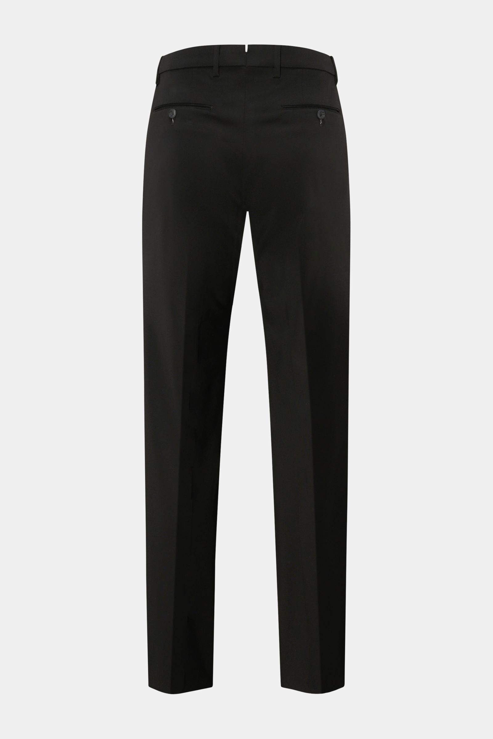 Rear view of GTA Jersey trousers 'Federico' black, showcasing regular fit, slightly tapered cut, elastic waistband, French and jetted back pockets with buttons, single pleat, zip and waist button closure, made from soft jersey viscose and microfiber mater