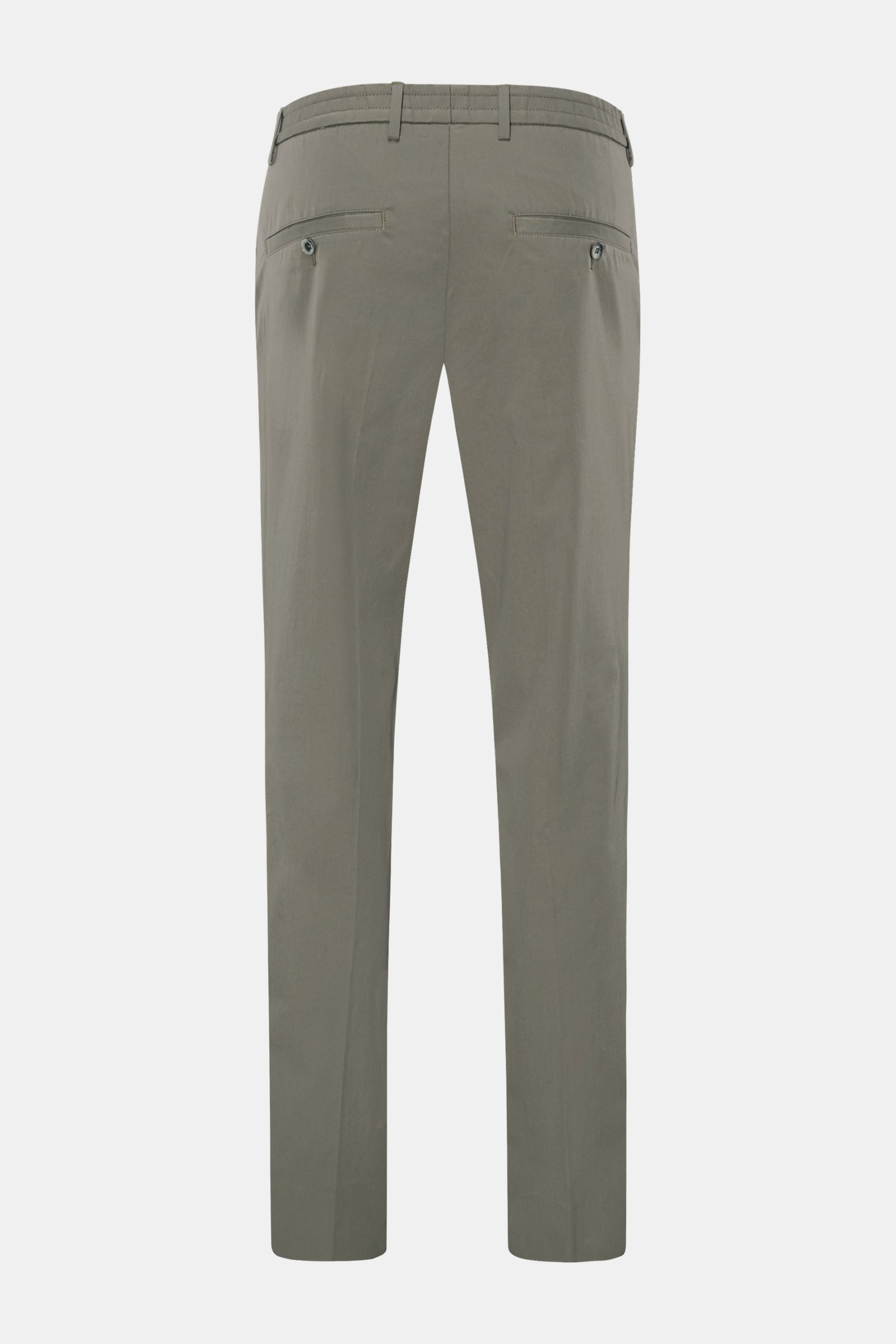 Rear view of GTA Hose 'Davide' graugrün, classic tapered fit office pants in light cotton-microfiber mix, smooth texture, with zip, button, elastic band, French pockets, and buttoned back pockets, showing regular thigh width and shortened length. Klassike