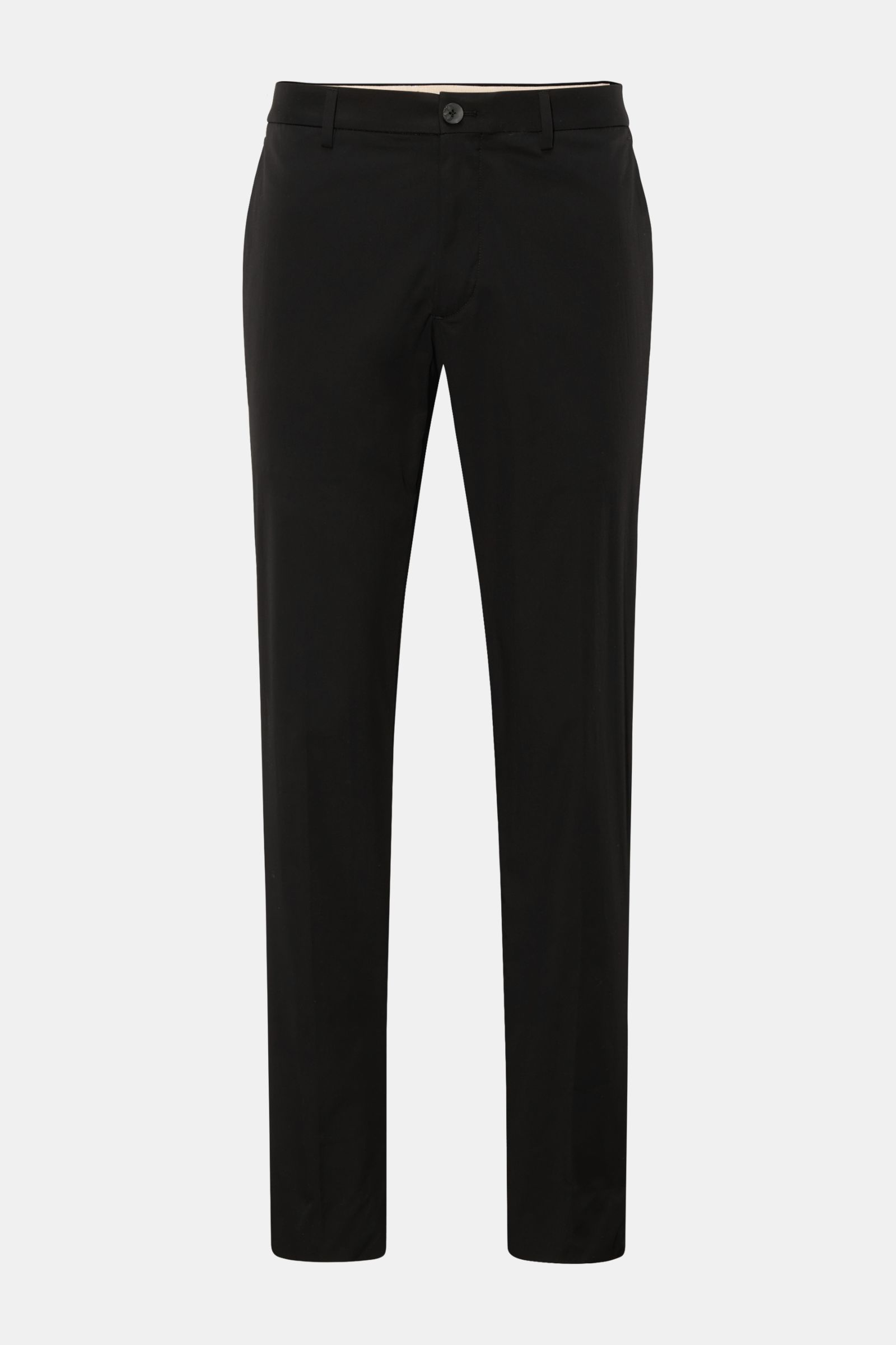 GTA Hose 'Davide' schwarz, frontal fotografiert, leichte Baumwoll-Microfaser-Hose, Tapered Fit, französische Taschen, Bundknopf, Reißverschluss, Logo-Detail.