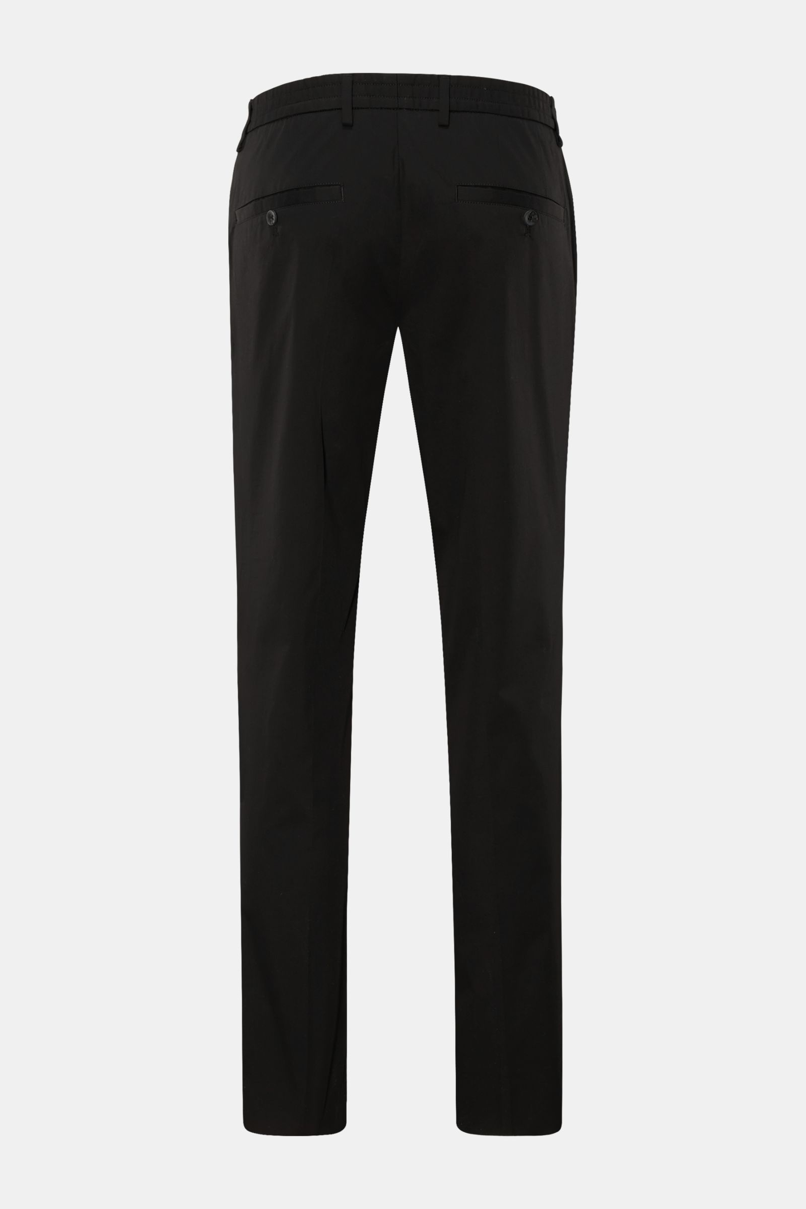 GTA Hose 'Davide' schwarz, leichte Business-Hose rückseitig fotografiert, Tapered Fit, Baumwoll-Mix, französische Taschen, Gesäßtaschen mit Knopf, elastischer Bund.
