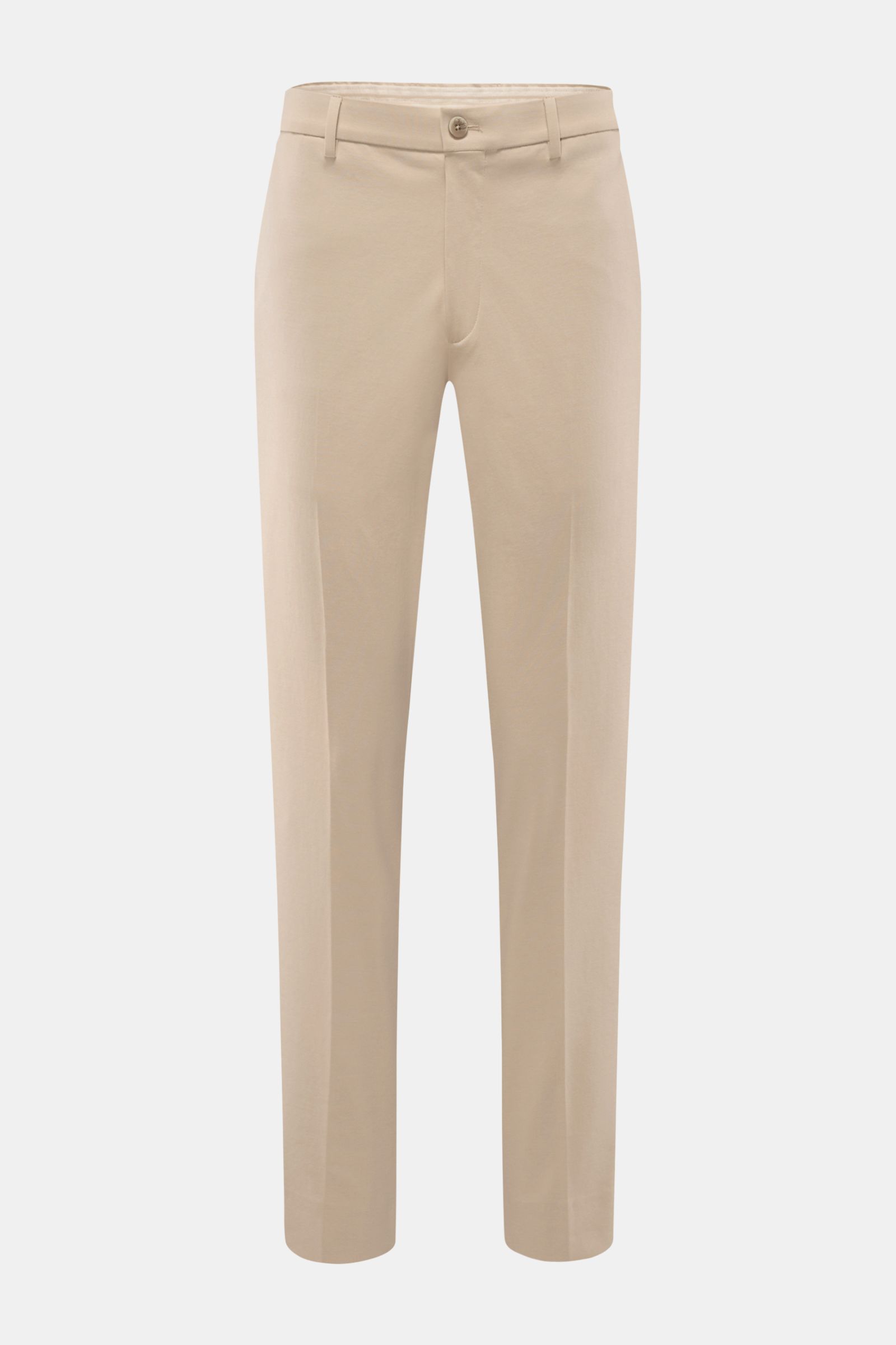 Front view of GTA Hose 'Davide' sand, a lightweight jersey cotton-mix trouser with elastic waistband, regular fit, tapered legs, zip and button closure, French pockets, and buttoned back pockets, designed for office and leisure wear. Legerer Klassiker für