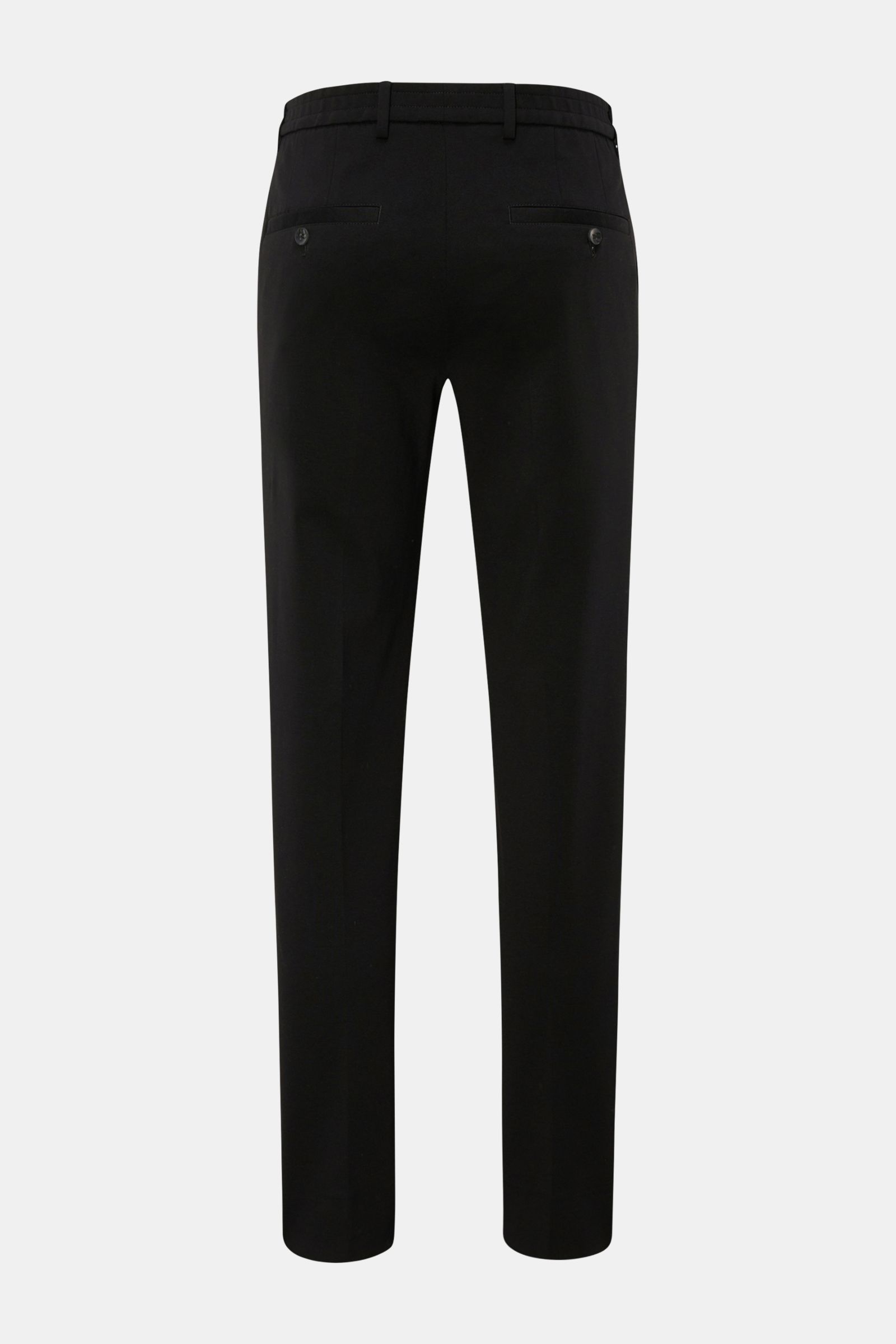 GTA Hose 'Davide' schwarz, knöchellang, schmal zulaufend, Regular Fit, Rückansicht mit französischen Taschen und Knopf, Jersey Baumwoll-Mix.