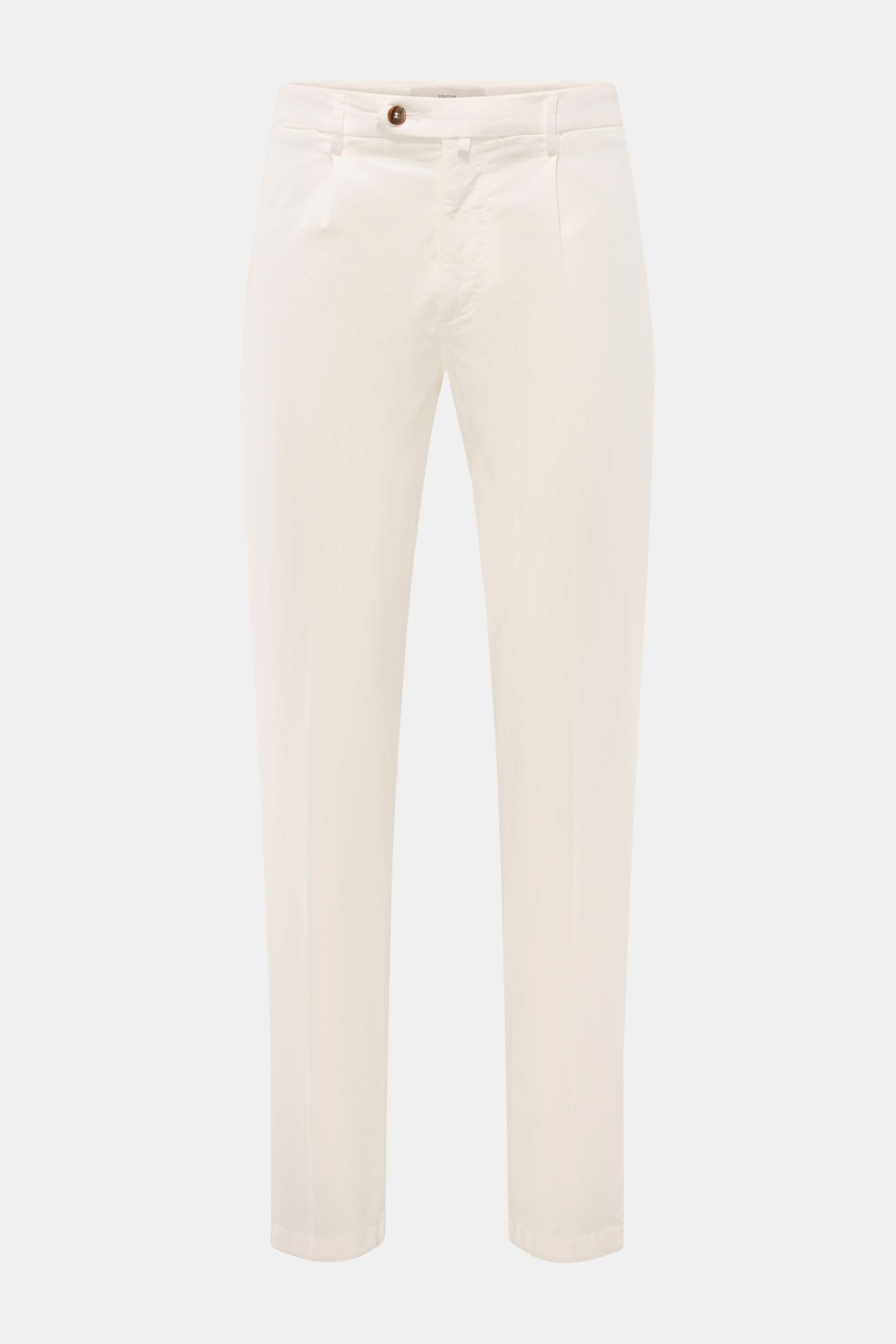 Frontansicht der Briglia 1949 Chino offwhite, knöchellang, tapered Fit, aus elastischem Baumwoll-Tencel-Twill mit Reißverschluss, Bundknopf, französischen und Gesäßtaschen.