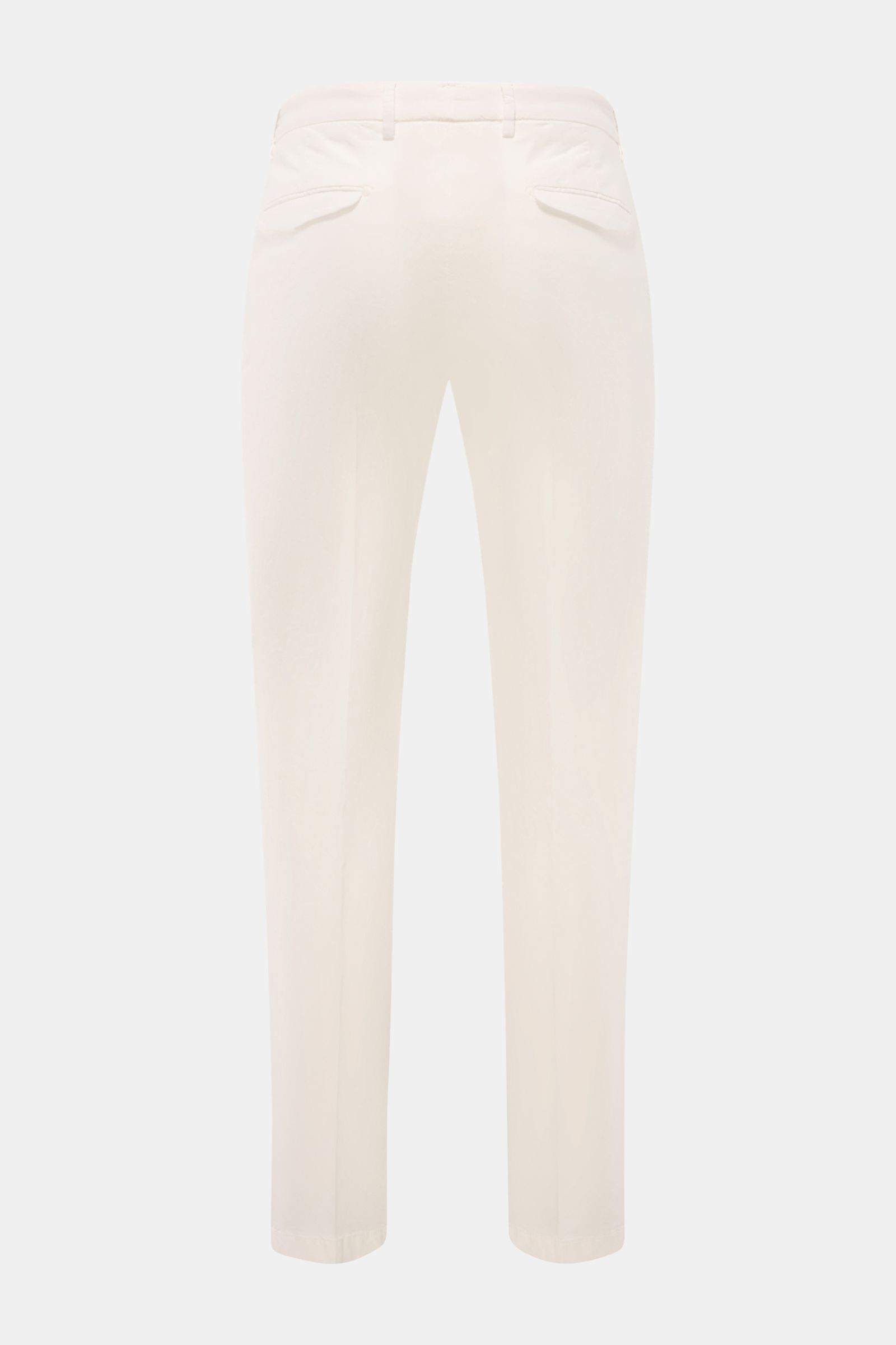 Briglia 1949 Chino offwhite, knöchellang, schmal zulaufend, elastisch, Baumwoll-Twill, Rückansicht mit französischen Taschen und Patten.