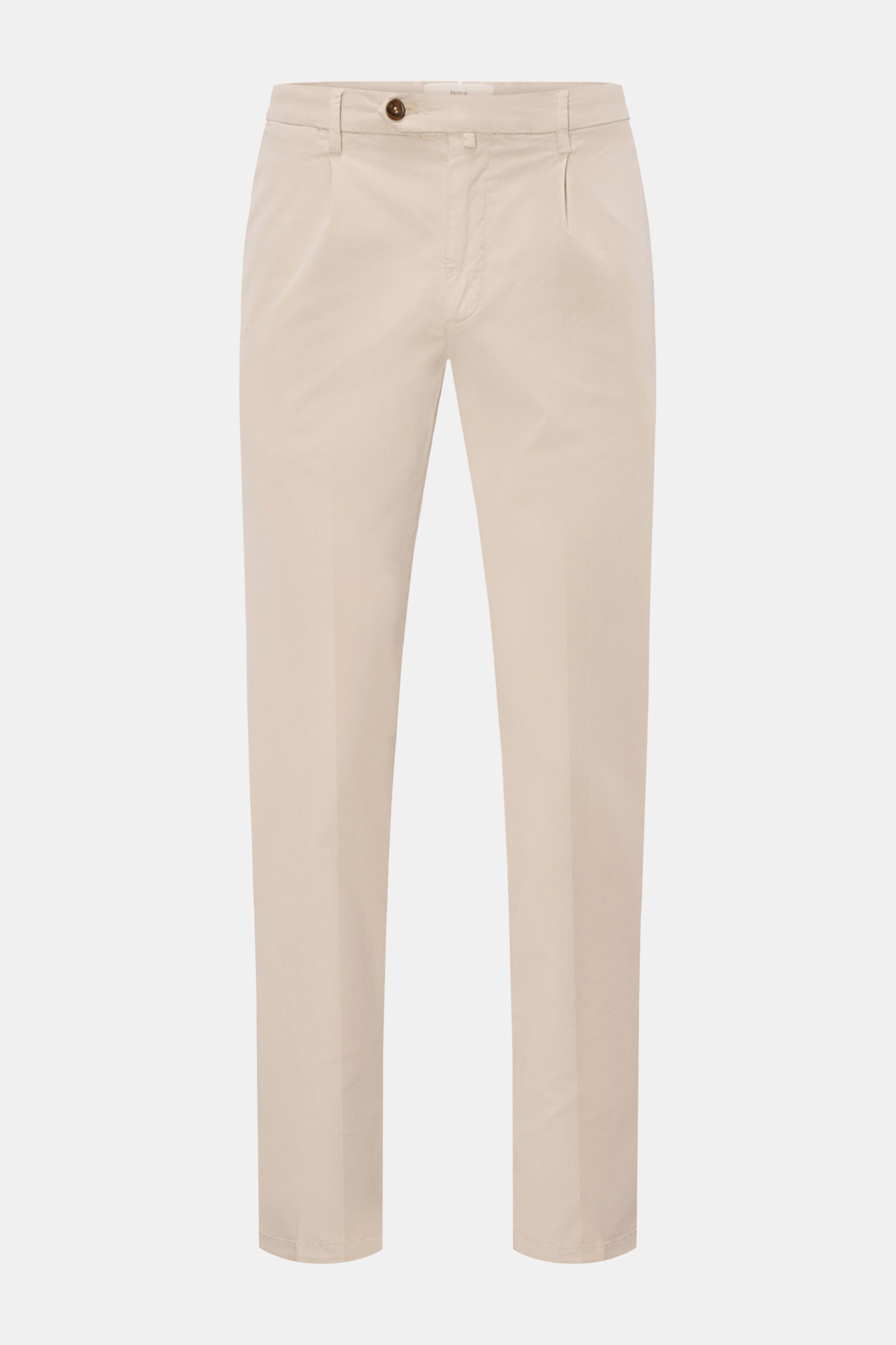 Front view of Briglia 1949 Chinos beige, ankle-length tapered fit with zip, button, French pockets, and back flap pockets.

Description: Maximum comfort meets an elegant silhouette: Summery ease meets timeless aesthetic in these chinos by BRIGLIA 1949.