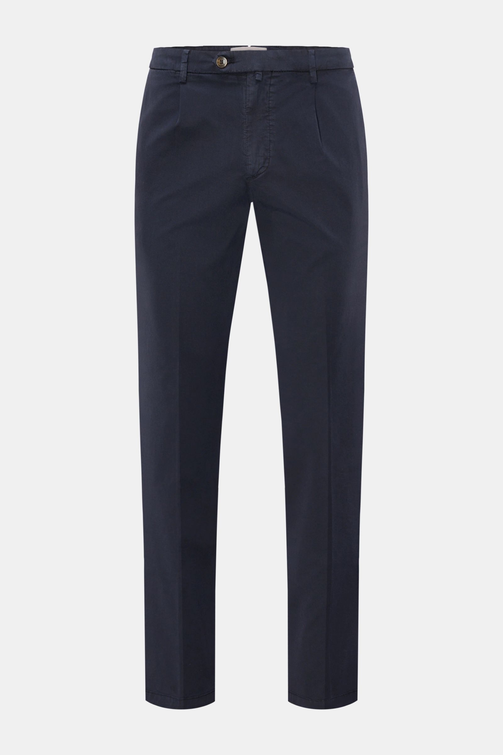 Front view of Briglia 1949 Chinos dark navy in Tencel and cotton twill, elasticated fabric, soft feel, tapered fit with regular thigh width, ankle length, zip and waist button, French pockets, back pockets with flap. Maximum comfort meets an elegant silho