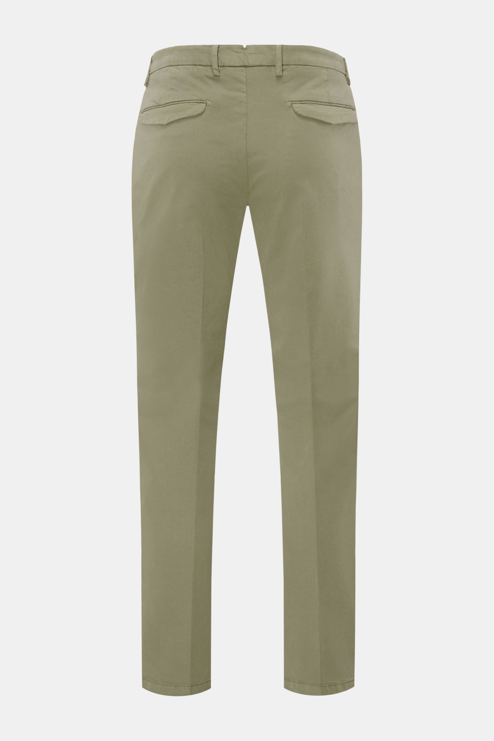Rear view of Briglia 1949 Chinos sage in a tapered, ankle-length fit with back flap pockets, zip, and waist button.

Maximum comfort meets an elegant silhouette: Summery ease meets timeless aesthetic in these chinos by BRIGLIA 1949.

Tencel