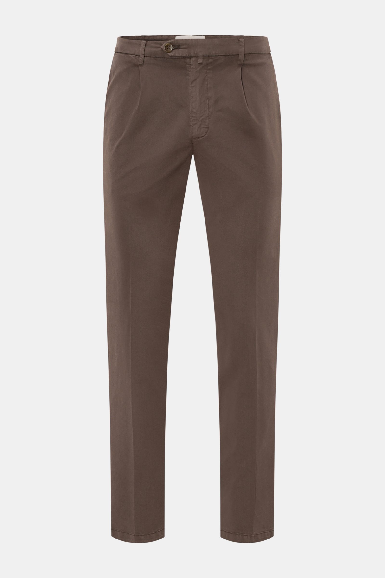 Front view of Briglia 1949 Chinos dark brown in Tencel and cotton twill with elasticated fabric, soft feel, tapered fit, ankle length, zip and waist button, French pockets, and back pockets with flap. Maximum comfort meets an elegant silhouette: Summery e