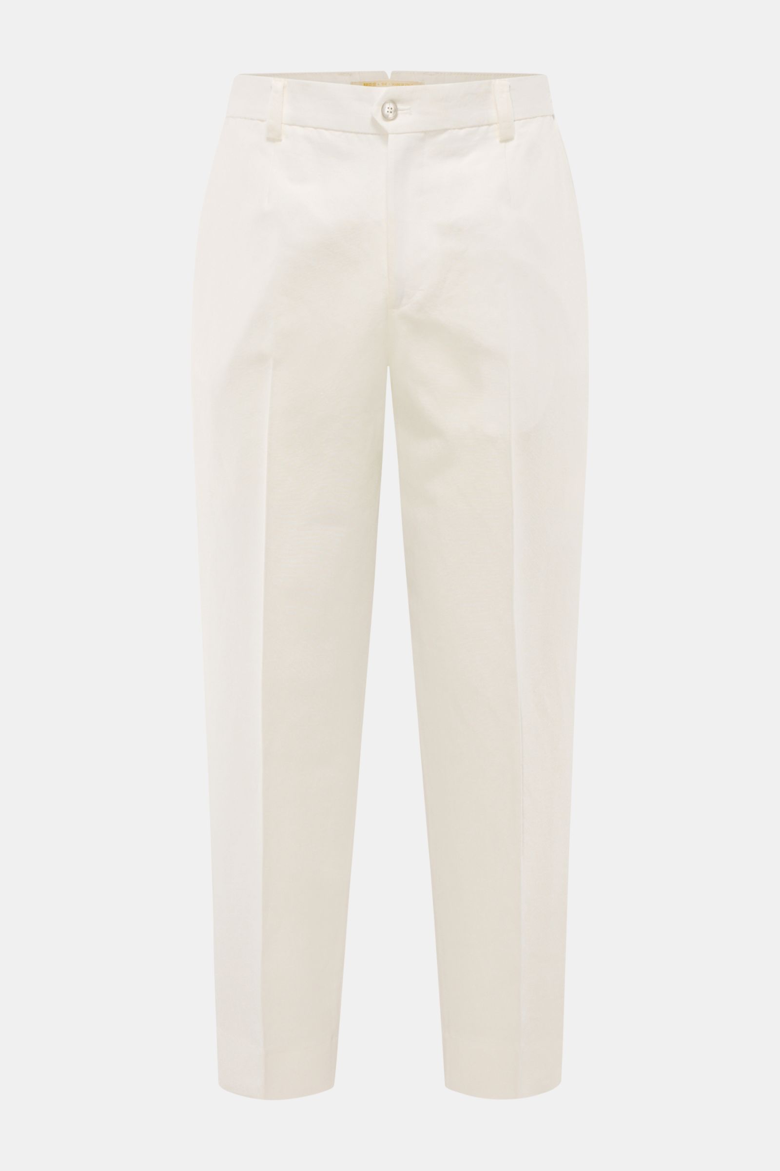 Front view of Briglia 1949 Chinos 'Portofino' off-white trousers made of cotton and linen twill with tapered fit and ankle length.

Maximum comfort meets an elegant silhouette: The elegant 'Portofino' trousers by BRIGLIA 1949 combine summery cotton and
