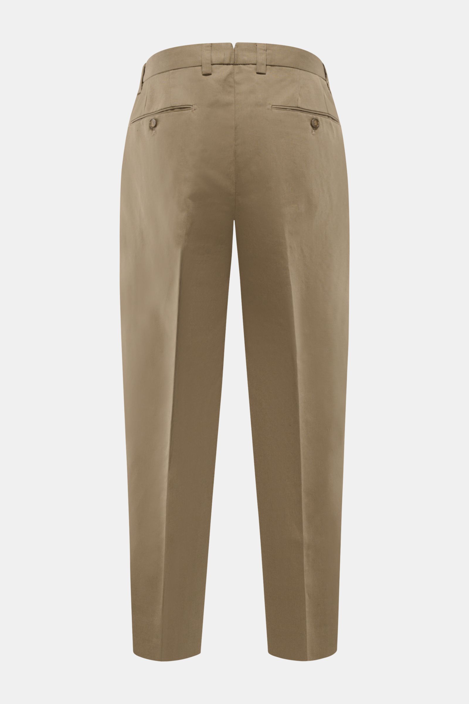 Briglia 1949 Chino 'Portofino' taupe, knöchellang, tapered Fit, Baumwoll-Leinen Twill, Rückansicht mit paspelierten Gesäßtaschen und Knopf.