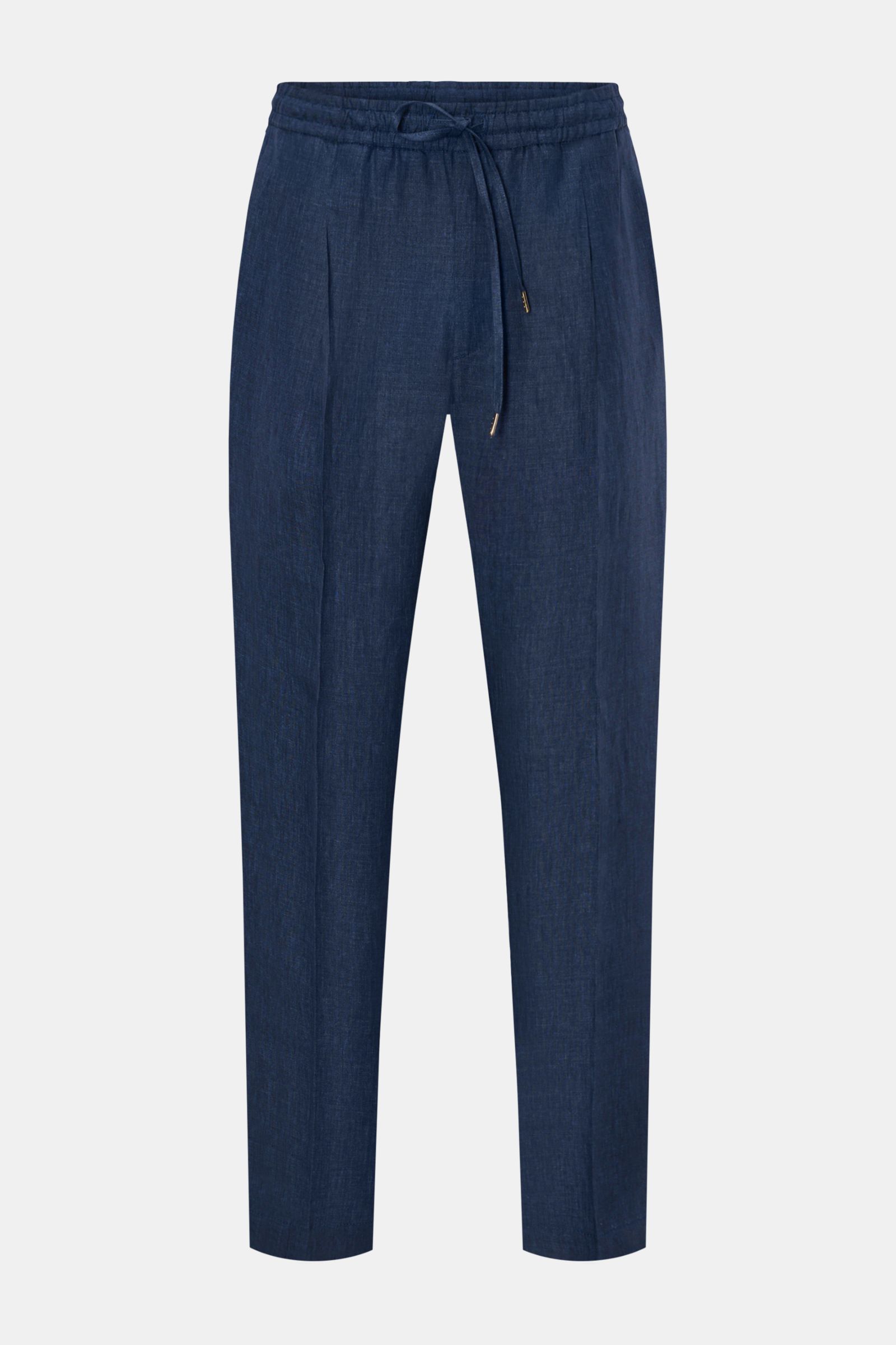 Front view of Briglia 1949 Jogger pants 'Wimbledon' dark blue mottled, tapered linen joggers with elastic drawstring waist.

Add some Italian flair to your wardrobe with the casual jogger pants 'Wimbledon' from the label BRIGLIA 1949: A modern tapered 