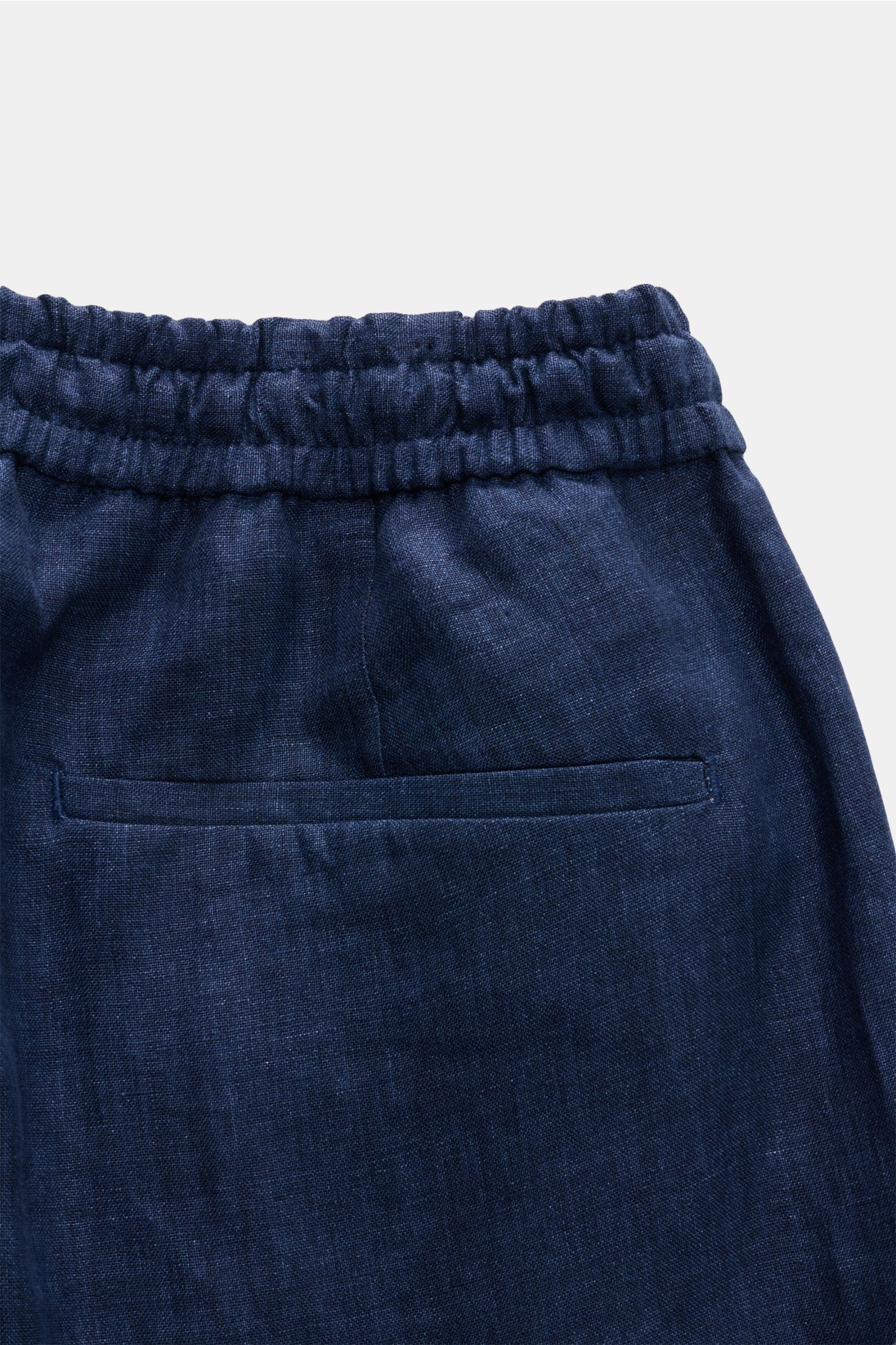 Close-up rear view of Briglia 1949 Jogger pants 'Wimbledon' dark blue mottled, showing elasticated waistband, jetted back pocket, and linen fabric texture. Add some Italian flair to your wardrobe with the casual jogger pants 'Wimbledon' from the label 