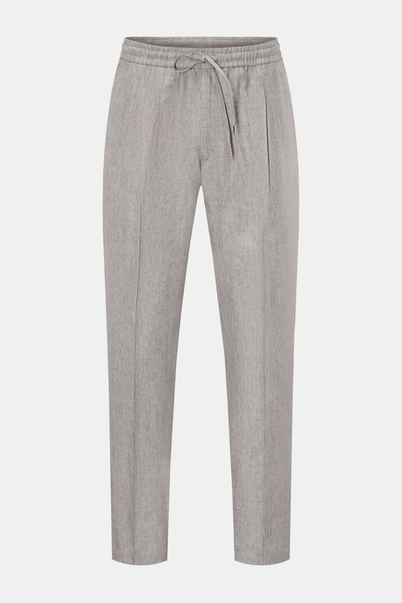 Front view of Briglia 1949 Jogger pants 'Wimbledon' grey mottled, casual tapered fit linen trousers with elastic drawstring waist, zip fly, single pleat, French and jetted back pockets. 

Add some Italian flair to your wardrobe with the casual jogger p