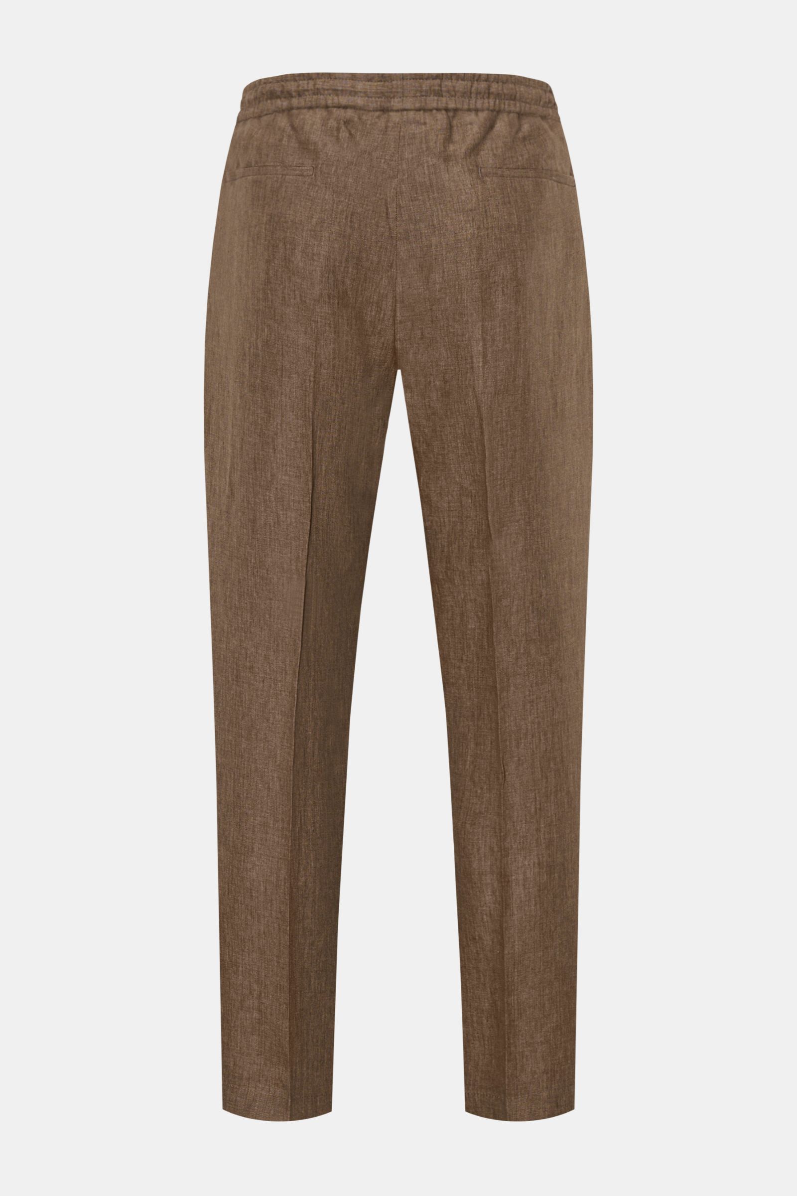Rear view of Briglia 1949 Jogger pants 'Wimbledon' brown mottled in pure linen with tapered fit, elastic waistband, zip fly, and pockets.

Add some Italian flair to your wardrobe with the casual jogger pants 'Wimbledon' from the label BRIGLIA 1949: A m