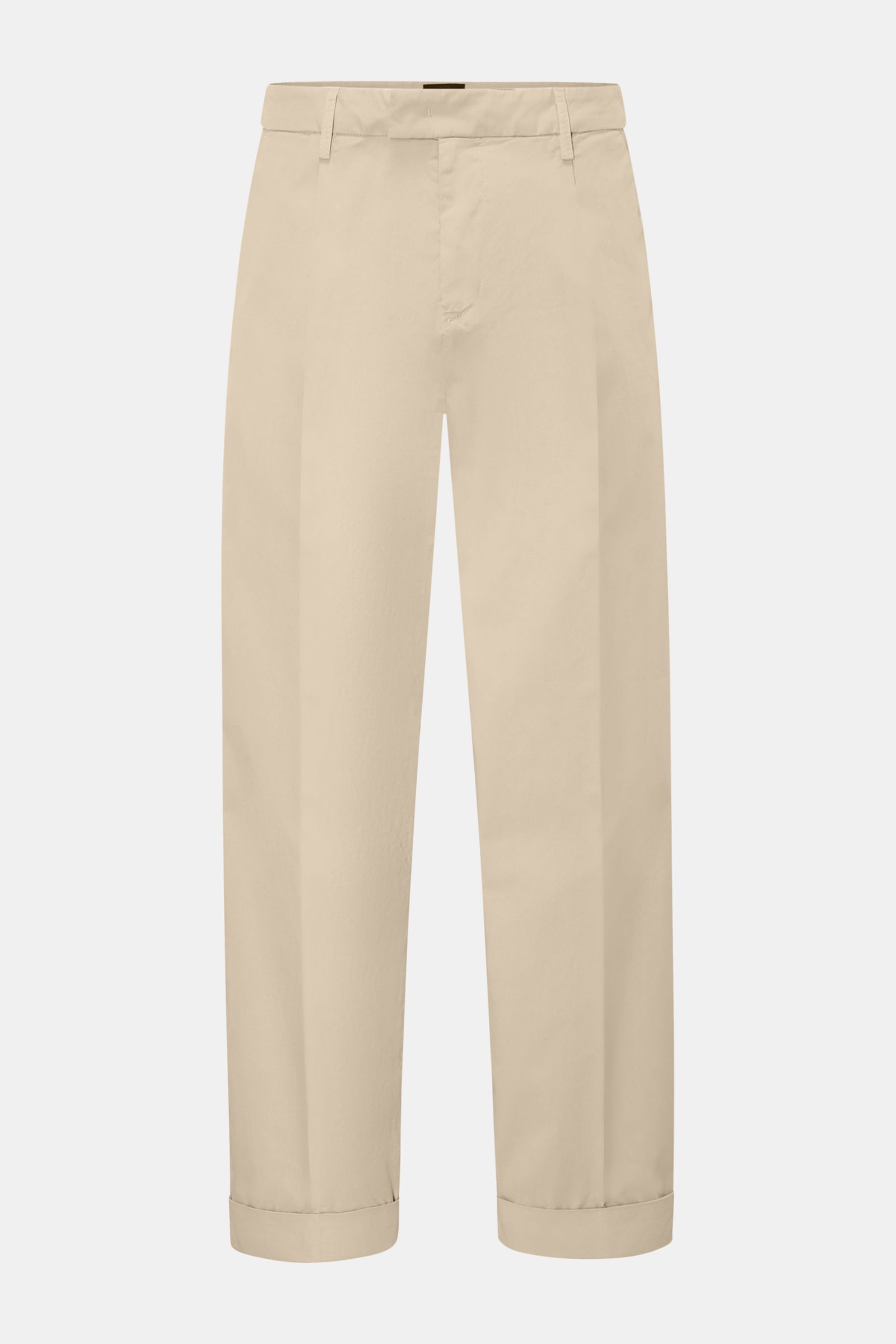 Dondup Baumwollhose 'Mel' beige, knöchellang, Loose Fit, einfache Bundfalte, Reißverschluss, Slide Button, französische Taschen, fixierter Saumaufschlag, Vorderansicht.