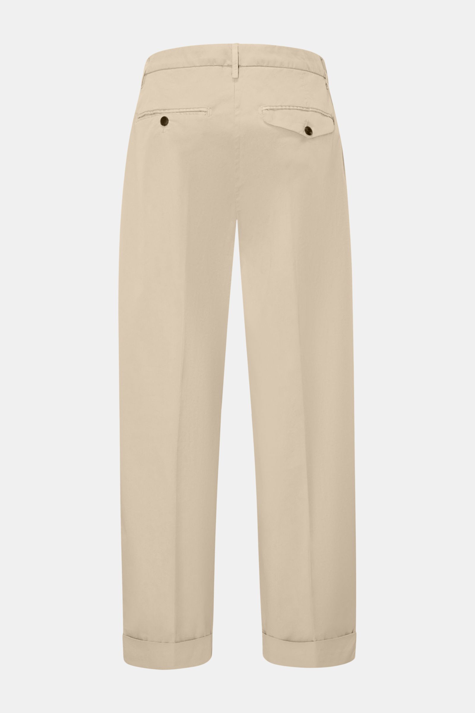 Dondup Baumwollhose 'Mel' beige, knöchellang, Loose Fit, aus weichem Twill, Rückansicht mit Gesäßtaschen, Bundfalte und fixiertem Saumaufschlag.