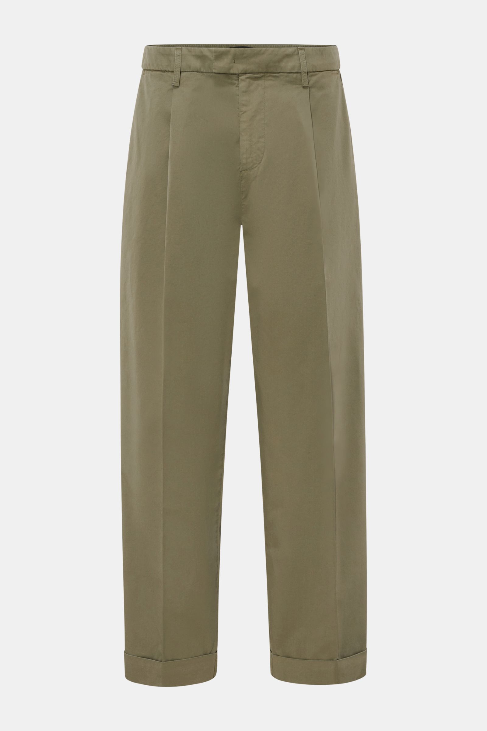 Dondup Baumwollhose 'Mel' oliv, frontale Ansicht, loose Fit, knöchellang mit einfacher Bundfalte, Reißverschluss, französischen Taschen, Saumaufschlag.