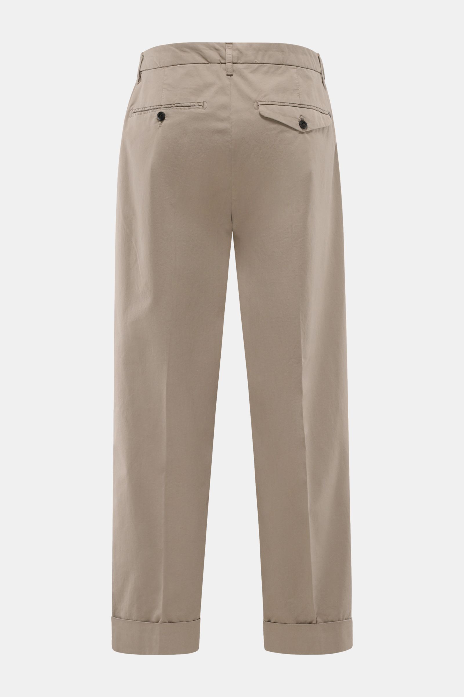 Dondup Baumwollhose 'Mel' taupe, knöchellang, Loose Fit, einfache Bundfalte, Gesäßtaschen mit Patte, Rückansicht, reiner Baumwoll-Twill.