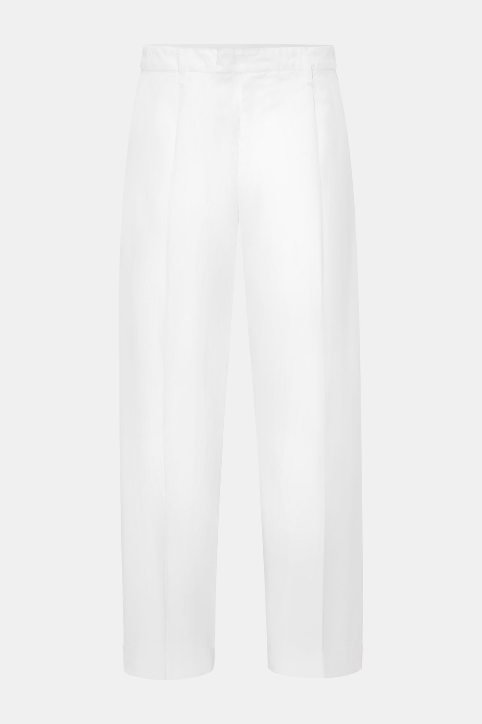 Dondup Baumwollhose 'Mel' weiß, knöchellang, Loose Fit, einfache Bundfalte, Reißverschluss, Slide Button, französische Taschen, Metall-Initial, fixierter Saumaufschlag, frontal fotografiert.