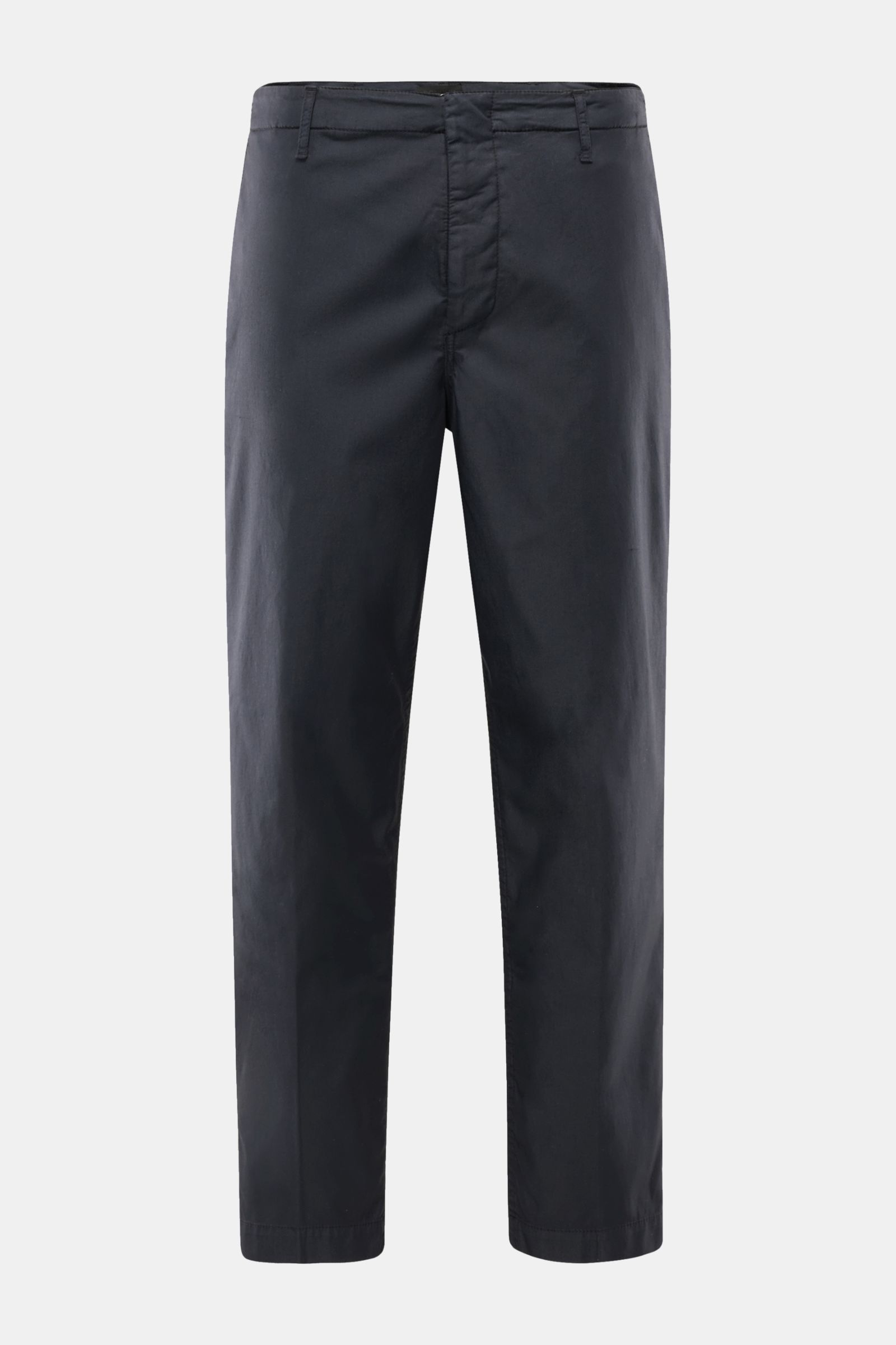 Front view of Dondup Chino 'Zyan' dark navy pants, slim fit with a short cut, made from a cotton and microfiber blend with elastic quality for comfort.