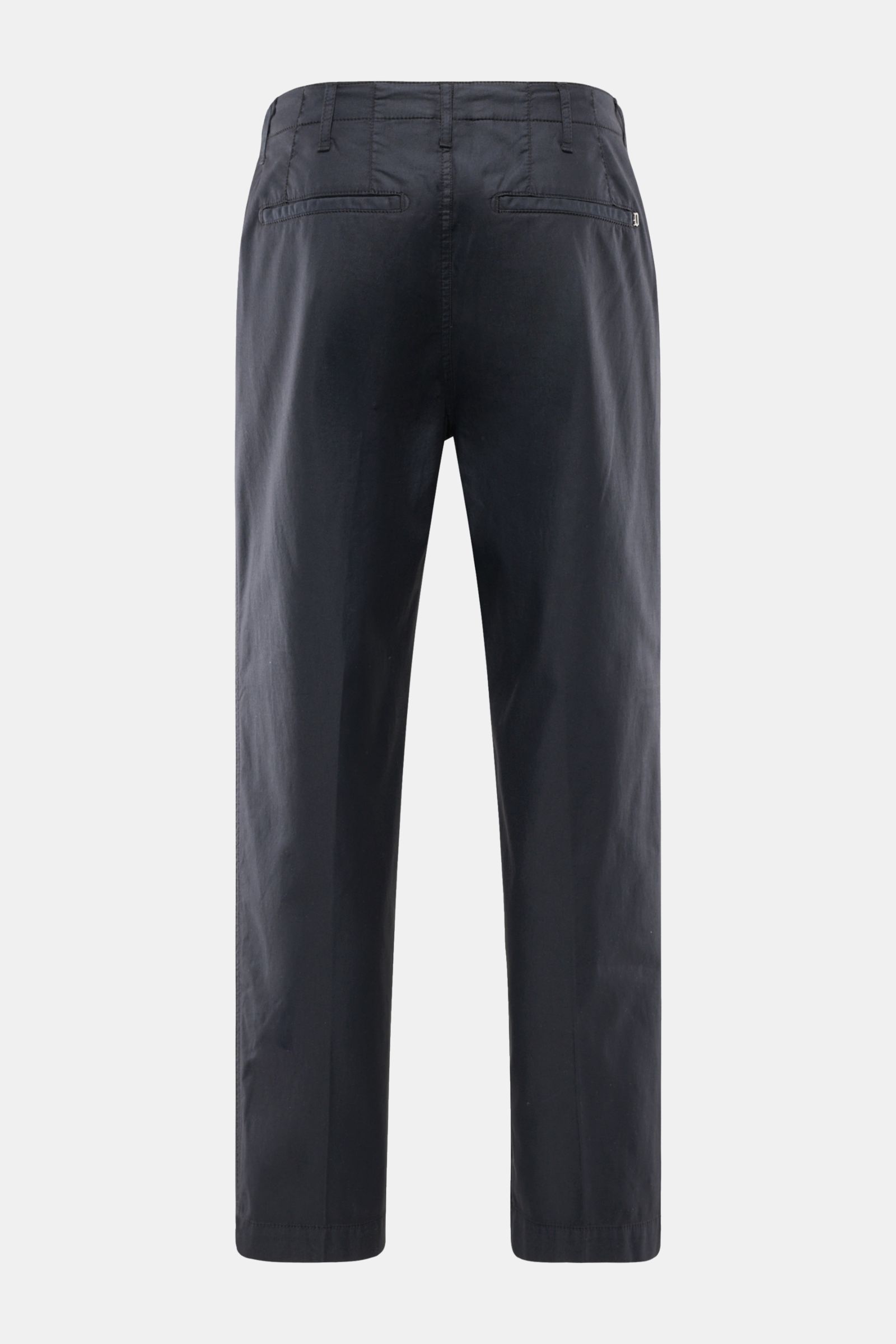 Dondup Chino 'Zyan' dark navy shown from the back, slim fit with elastic cotton-microfiber blend, soft touch, tapered short cut, zipper, button, French and welt back pockets, metal initial. Smart casual comfort with clear cut and elastic quality.