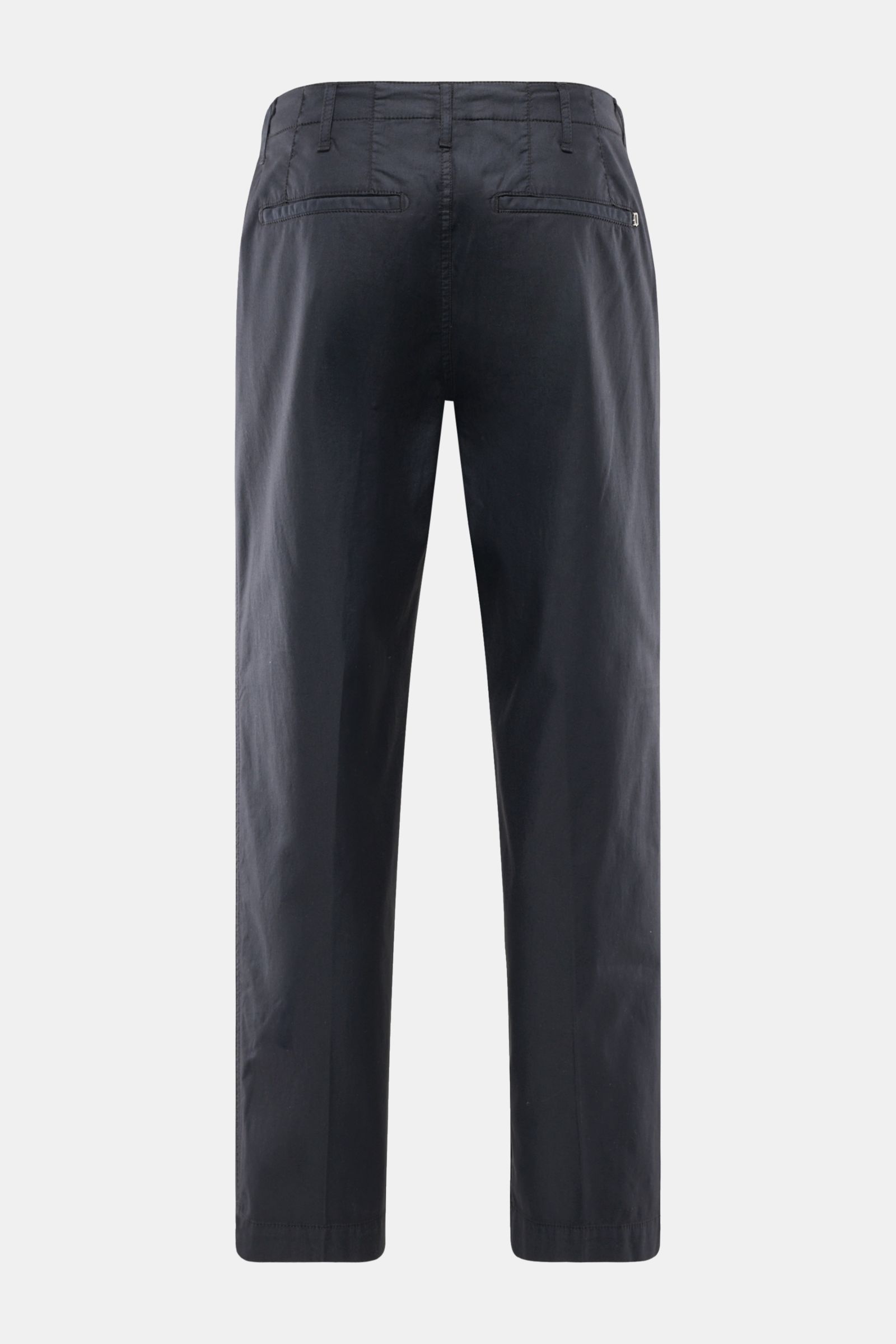 Rear view of Dondup Chino 'Zyan' dark navy slim-fit pants, short cut with elastic cotton-microfiber blend, featuring welt and piped back pockets, zipper, button, and metal initial for smart casual comfort.