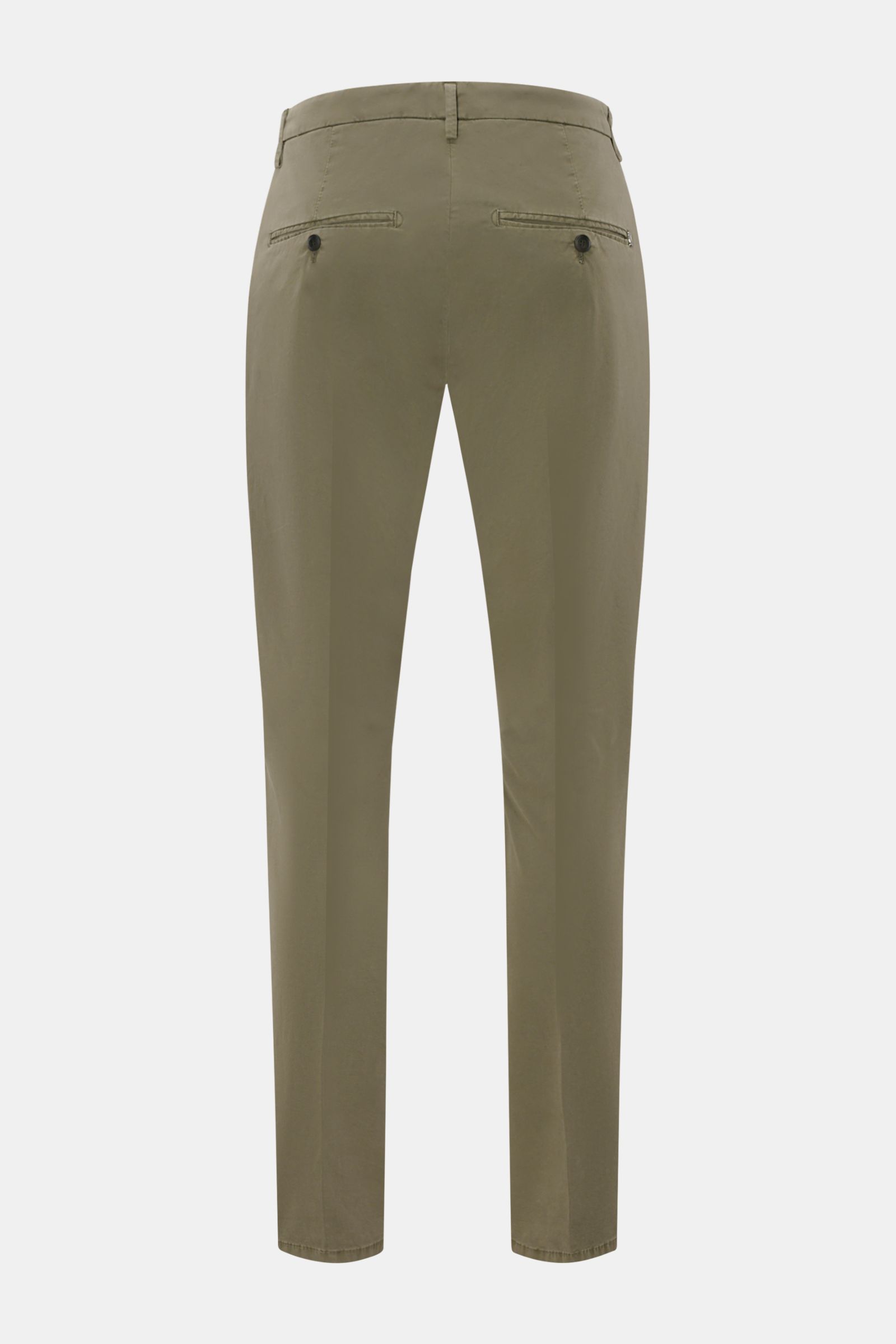 Dondup Chino 'Gaubert' oliv von hinten, slim fit, leicht elastische Baumwolle, garment dyed, französische Taschen, Metall-Initial, schmal geschnitten.