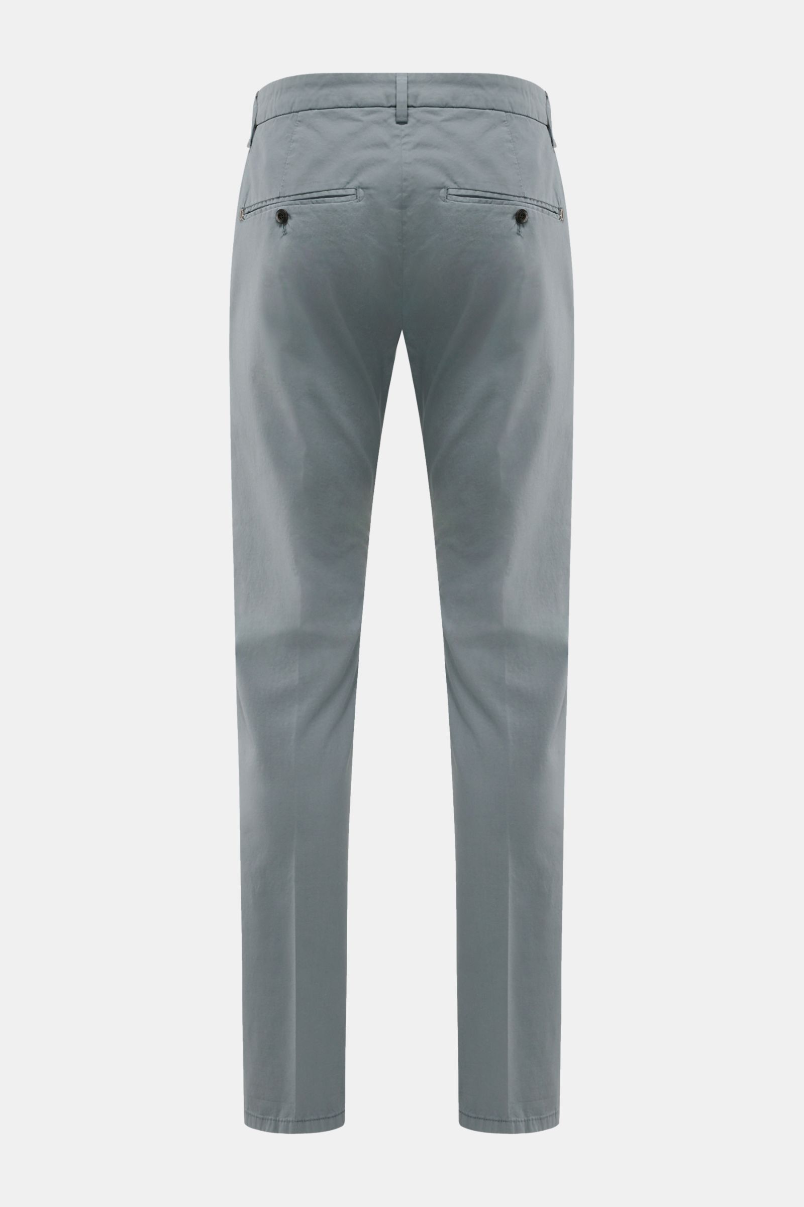 Dondup Chino 'Gaubert' graublau, Rückansicht, slim fit, schmal geschnittene Wade, garment dyed Baumwolle, Taschen mit Knopf, Metall-Initial.