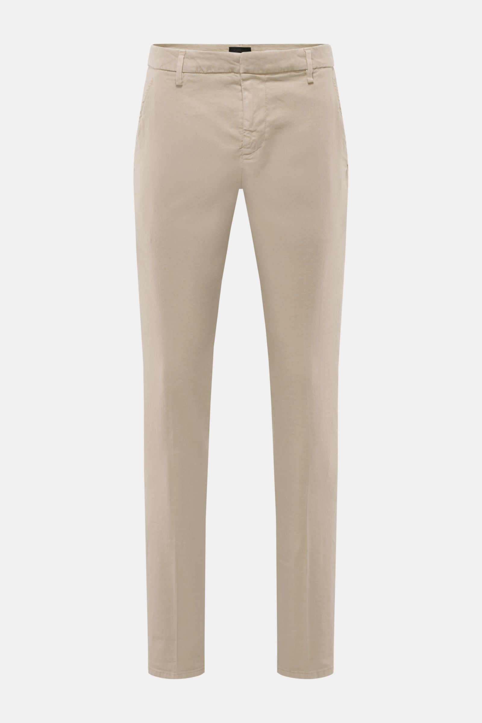 Front view of Dondup Hose 'Gaubert' beige, slim fit trousers made of linen and lyocell mix with elastic quality, soft touch, garment dyed, featuring zipper and button closure, French pockets, back pockets with buttons, and typical metal initial, designed 