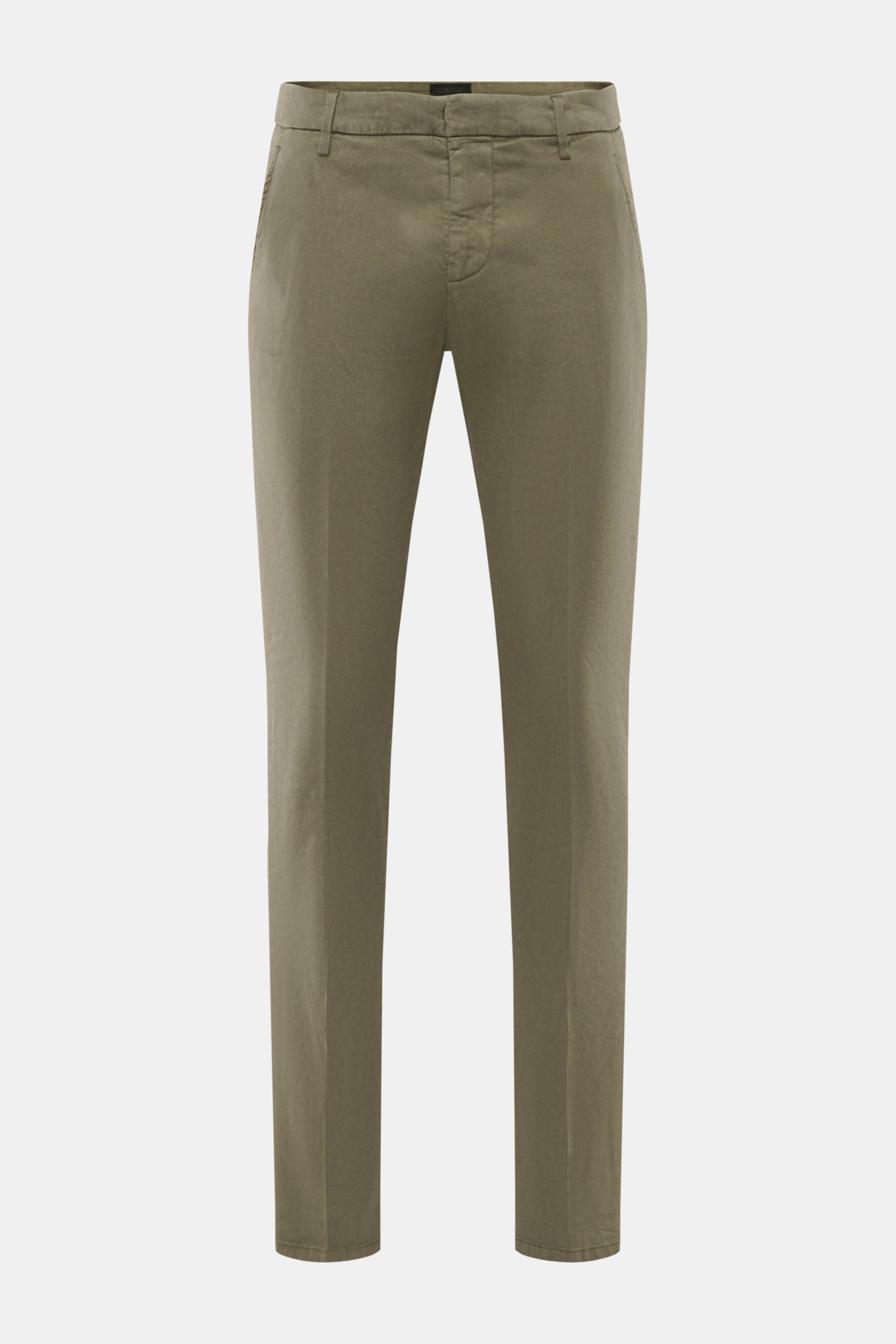 Front view of Dondup Hose 'Gaubert' khaki slim fit pants made from a linen and lyocell mix with elastic quality for smart casual comfort.

Description: Smart Casual mit Komfort: Die Hose 'Gaubert' von DONDUP kombiniert klare Schnittführung mit elastisc