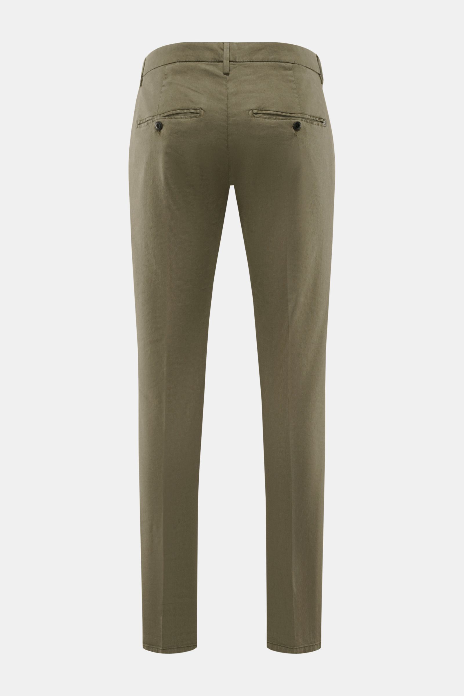 Rear view of Dondup Hose 'Gaubert' khaki slim fit pants with garment-dyed linen-lyocell blend, elastic quality, and buttoned back pockets. 

Description: Smart Casual mit Komfort: Die Hose 'Gaubert' von DONDUP kombiniert klare Schnittführung mit elasti