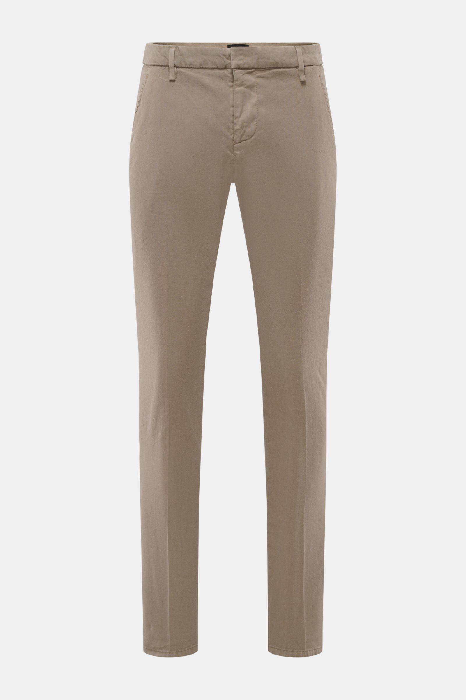 Dondup Hose 'Gaubert' taupe frontale Ansicht, Slim Fit, elastisch, Leinen-Lyocell-Mix, französische Taschen, Bundknopf, Metall-Initial, komfortabel.