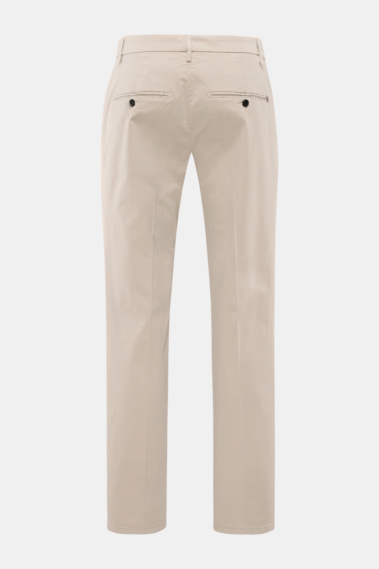 Dondup Baumwollhose 'Gaubert' beige, Slim Fit mit schmaler Wade, elastisch, hinten mit Knopf-Gesäßtaschen, Rückansicht frontal fotografiert.