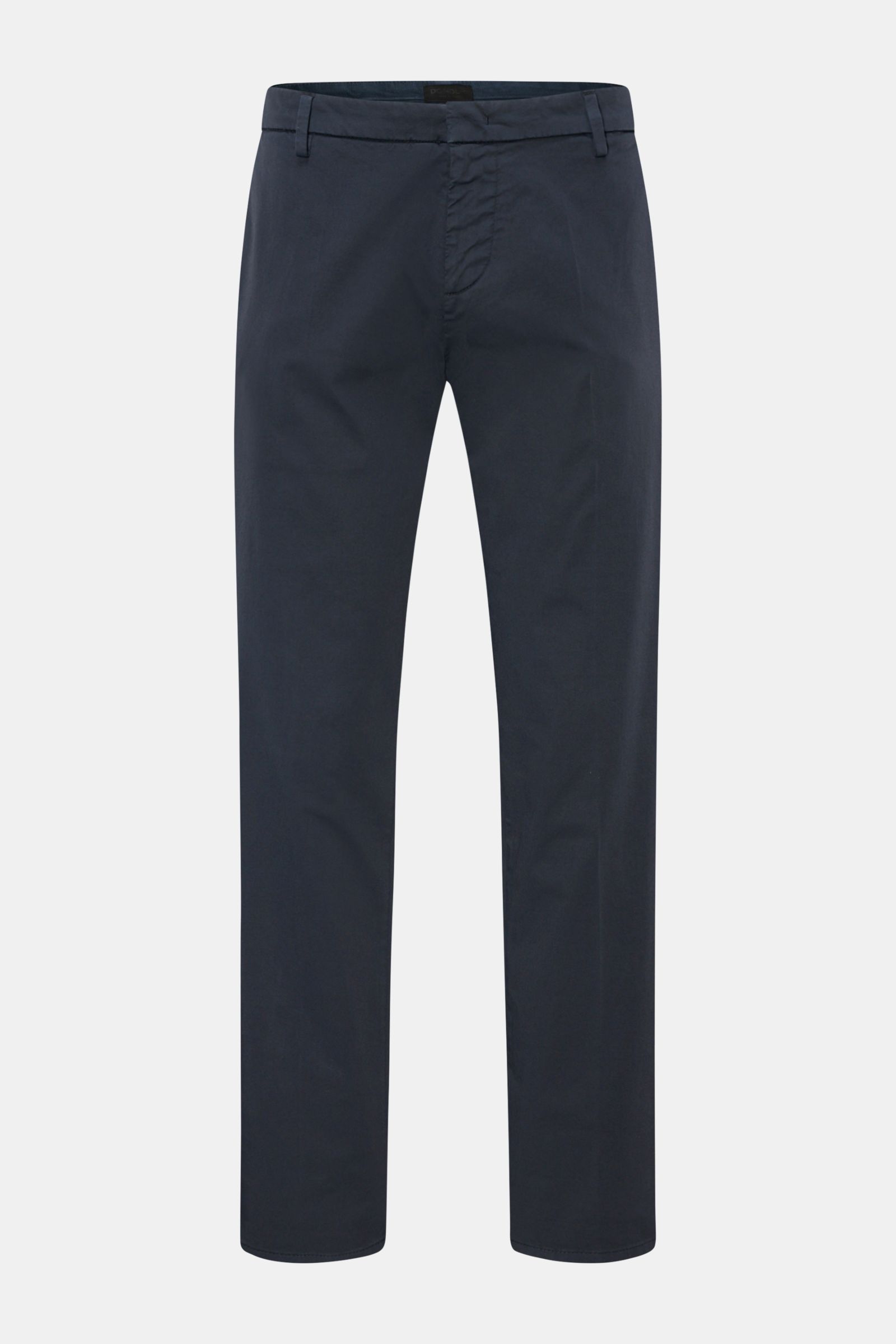 Dondup Baumwollhose 'Gaubert' navy, slim fit, schmal geschnitten, elastische Baumwolle, frontal fotografiert mit Reißverschluss, Taschen und Metall-Initial.