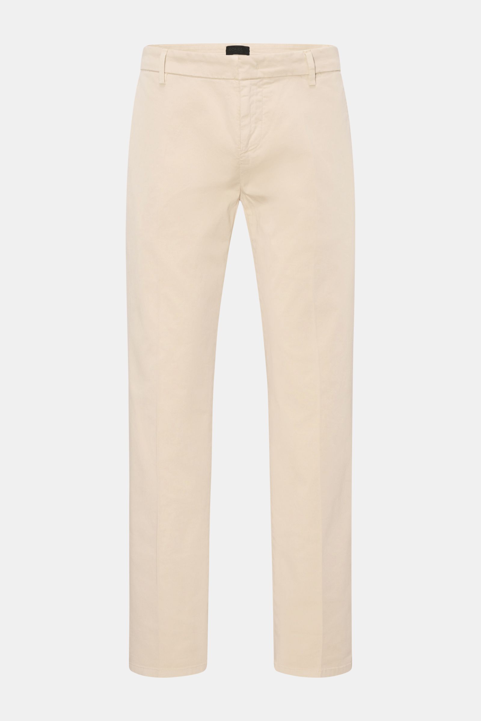 Front view of Dondup Baumwollhose 'Gaubert' sand, slim fit cotton pants with slight stretch, soft touch, garment dyed, narrow calf, zipper and slide button, French pockets, buttoned back pockets, and signature metal initial. Für alle Liebhaber von italien