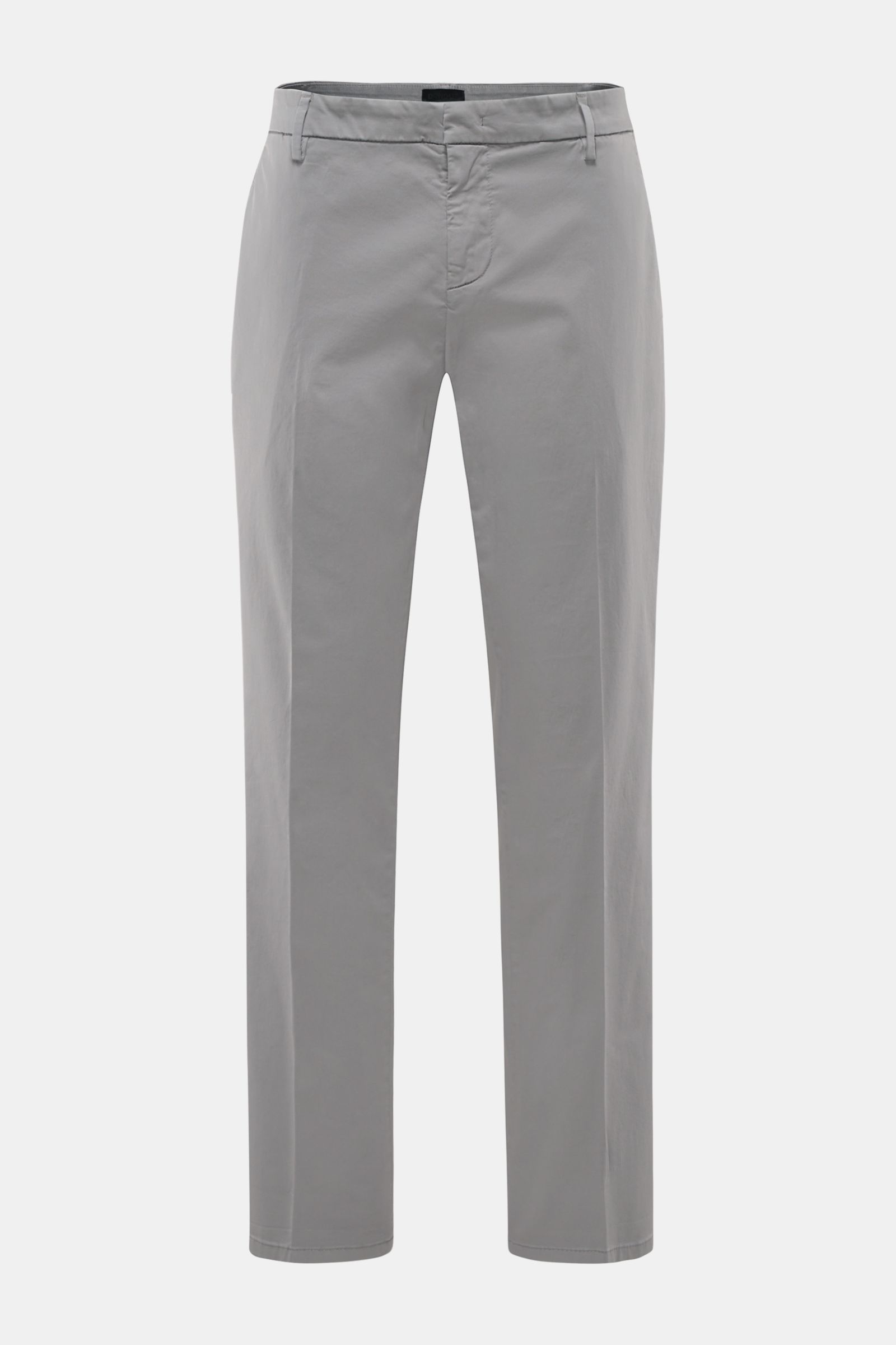 Dondup Baumwollhose 'Gaubert' grau, slim Fit, schmal geschnitten, elastische Baumwolle, frontal fotografiert mit Reißverschluss, Taschen, Metall-Initial.
