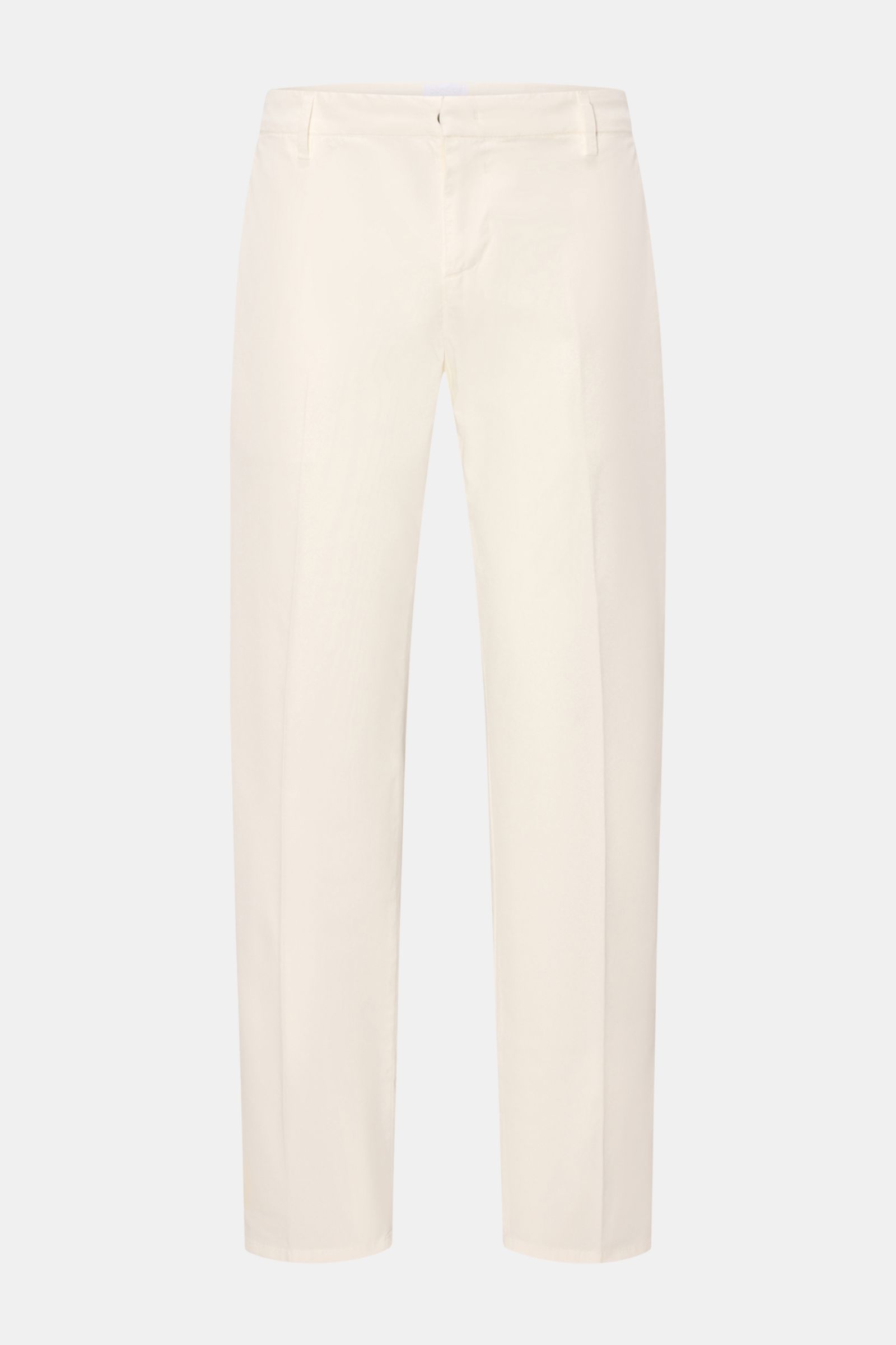 Dondup Baumwollhose 'Gaubert' offwhite, slim Fit, schmal geschnittene Wade, leicht elastisch, weicher Griff, frontale Ansicht mit Reißverschluss, Slide Button, französischen Taschen und Metall-Initial.