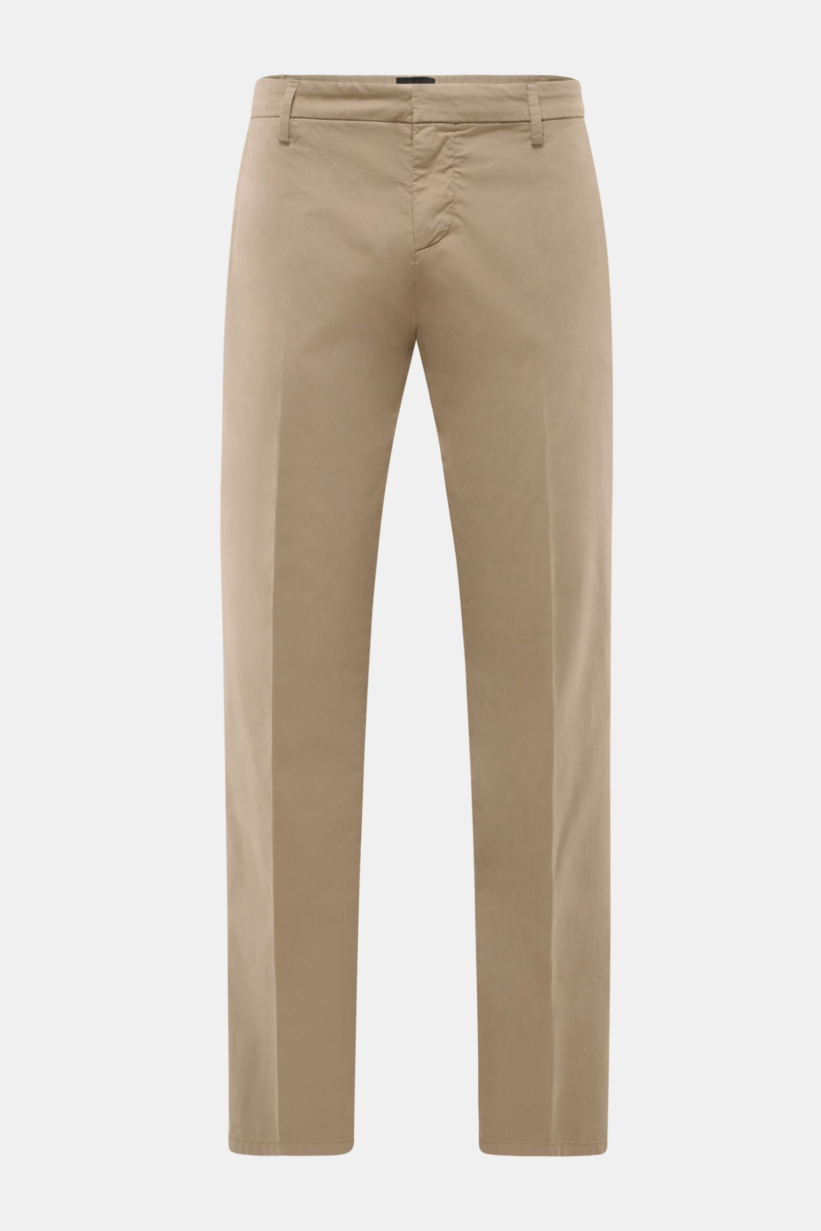 Dondup Baumwollhose 'Gaubert' taupe, Slim Fit, schmal geschnitten, leichte Stretch-Baumwolle, Frontansicht, Reißverschluss, Taschen, Metall-Initial.