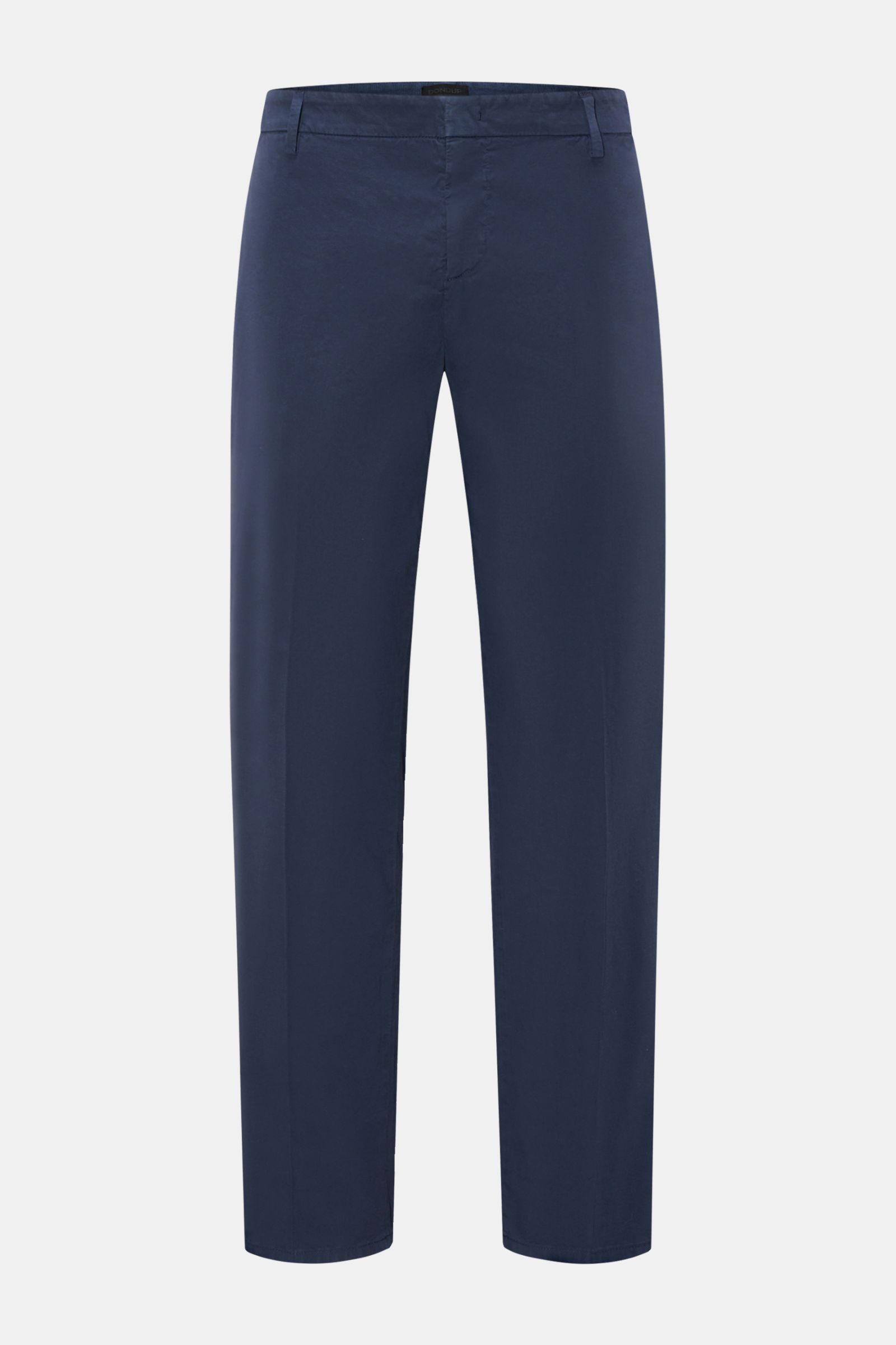 Dondup Baumwollhose 'Gaubert' dunkelblau, Slim Fit mit schmal geschnittener Wade, leichte Stretch-Baumwolle, frontal fotografiert, mit Reißverschluss und Metall-Initial.