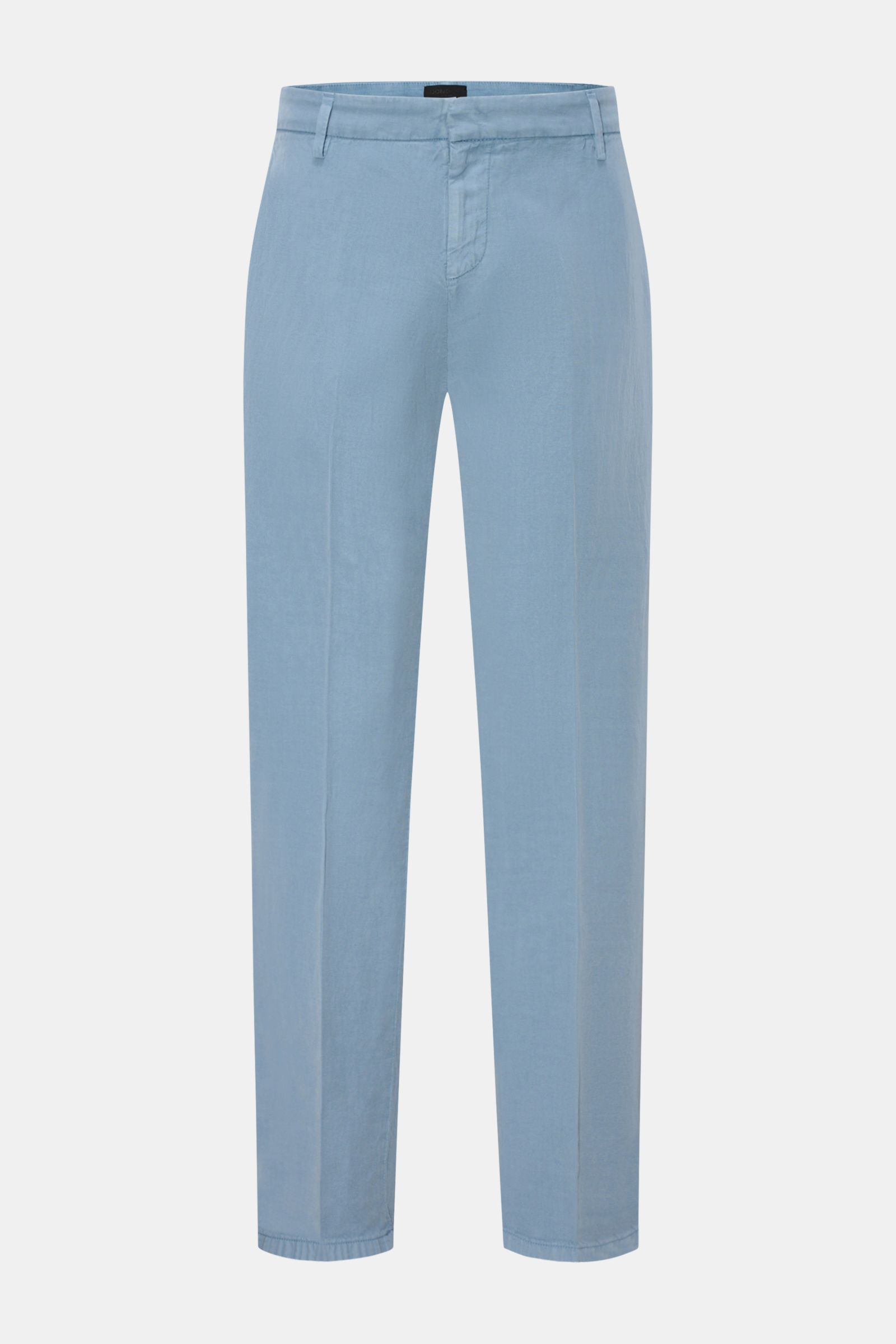 Dondup Chino 'Gaubert' rauchblau, Slim Fit Hose aus Lyocell, Baumwolle, Leinen, feiner Twill, Frontansicht mit Reißverschluss, schmaler Wade.