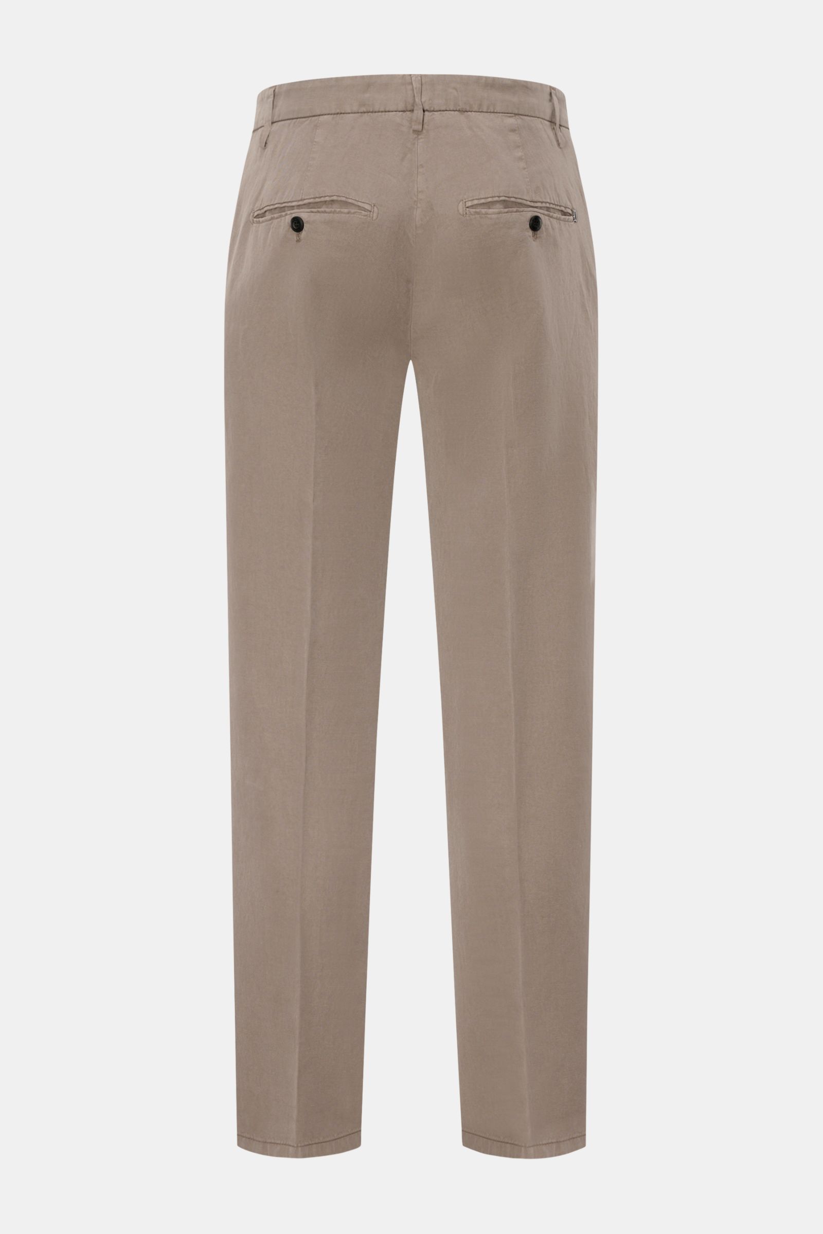 Dondup Chino 'Gaubert' taupe, Rückansicht, slim fit Hose aus Lyocell, Baumwolle, Leinen, garment dyed, Reißverschluss, Slide Button, Taschen, Metall-Initial.