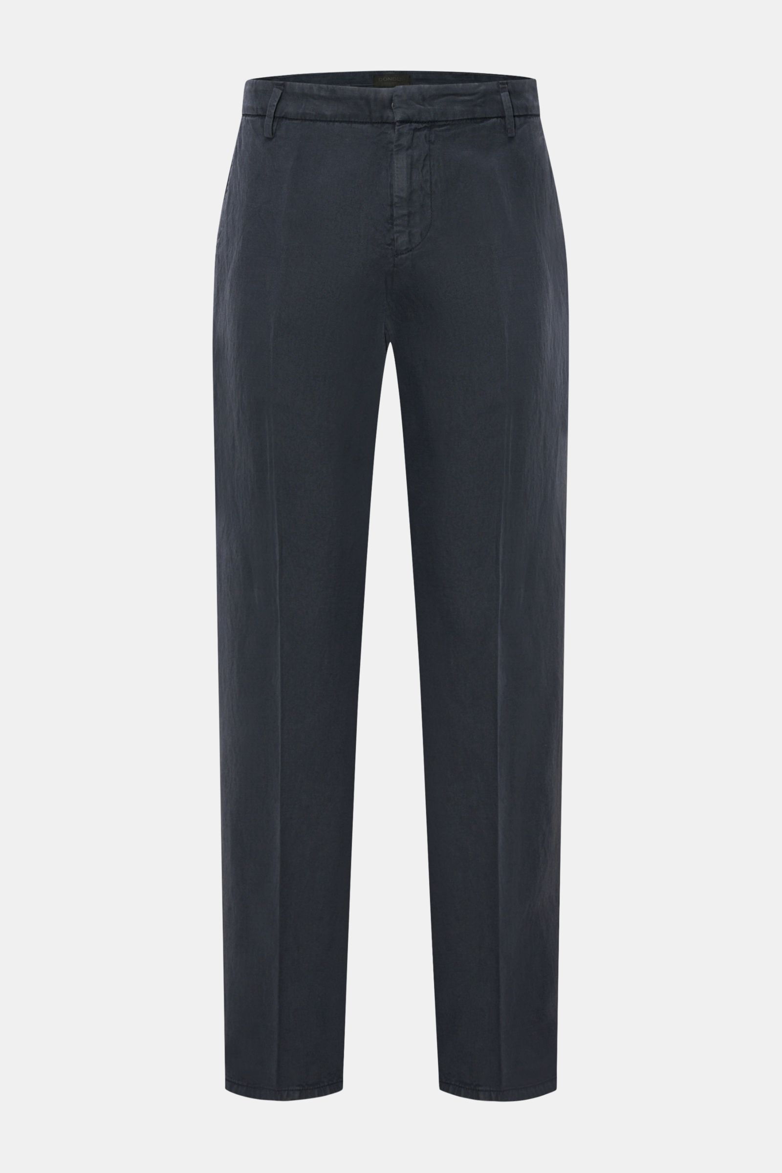 Dondup Chino 'Gaubert' navy, slim Fit, schmal geschnittene Wade, aus Lyocell, Baumwolle, Leinen, garment dyed, frontal fotografiert.