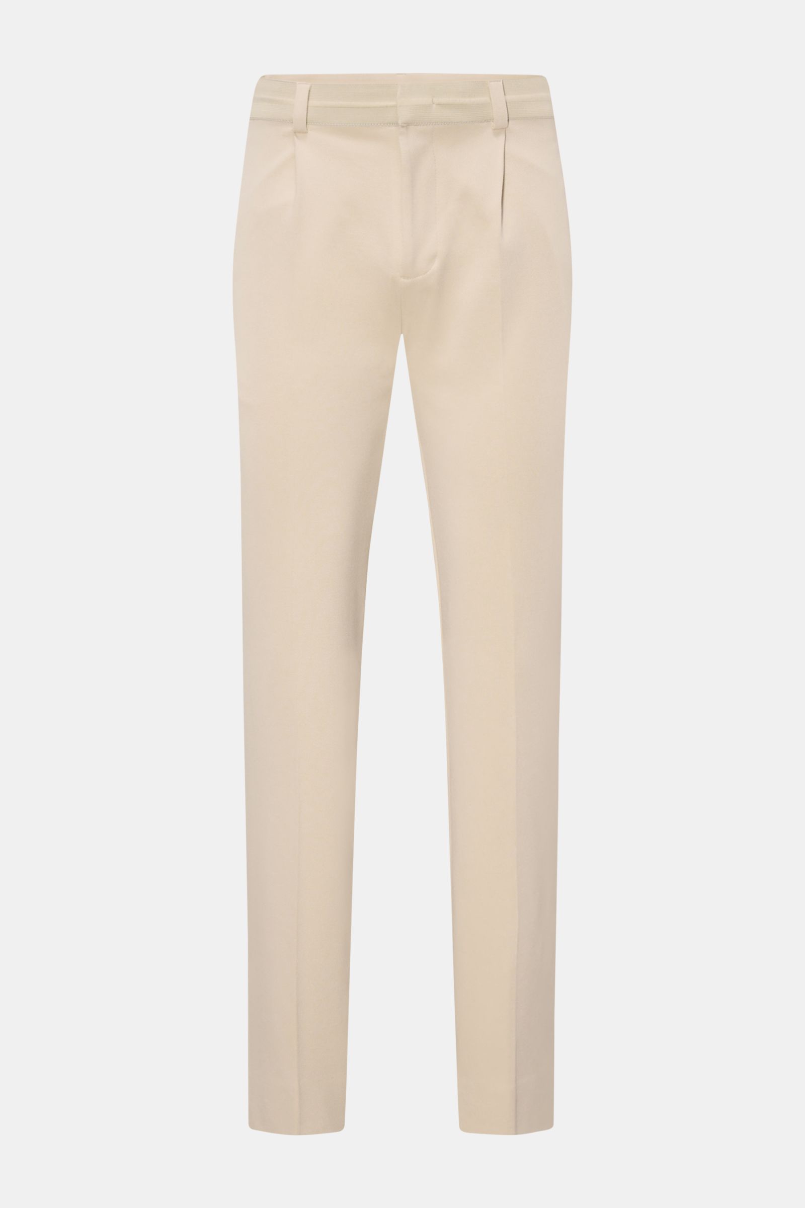Front view of Kiefermann Jersey trousers 'Hunfrid' sand, slim fit ankle-length with elastic waistband, single pleat, and hip pockets, made of stretchy jersey fabric with a distinctive twill look, perfect for office wear.