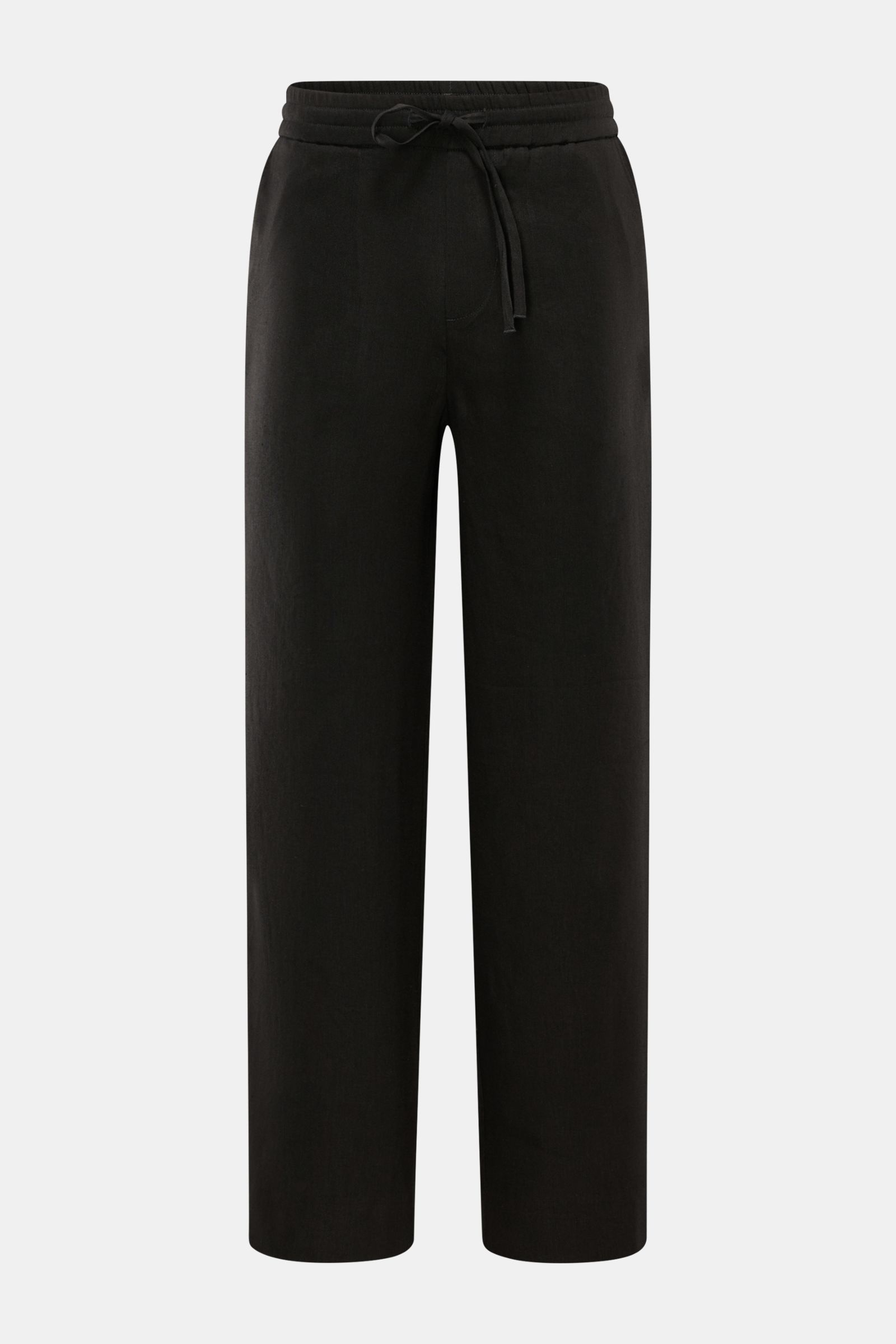 Front view of Kiefermann Jogger pants 'Haltor' black, made from a lightweight linen-viscose blend with elasticated waistband, drawstring, French and patch pockets. Pared down to essentials, these menswear trousers feature comfortable stretch, fine weave, 